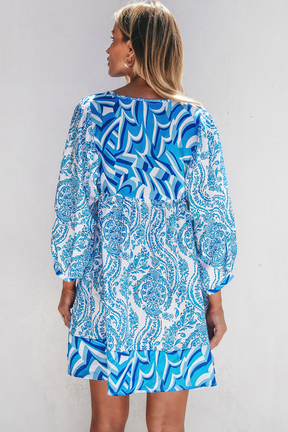 Sky Blue Bohemian Print Puff Sleeve V Neck Flared Mini Dress