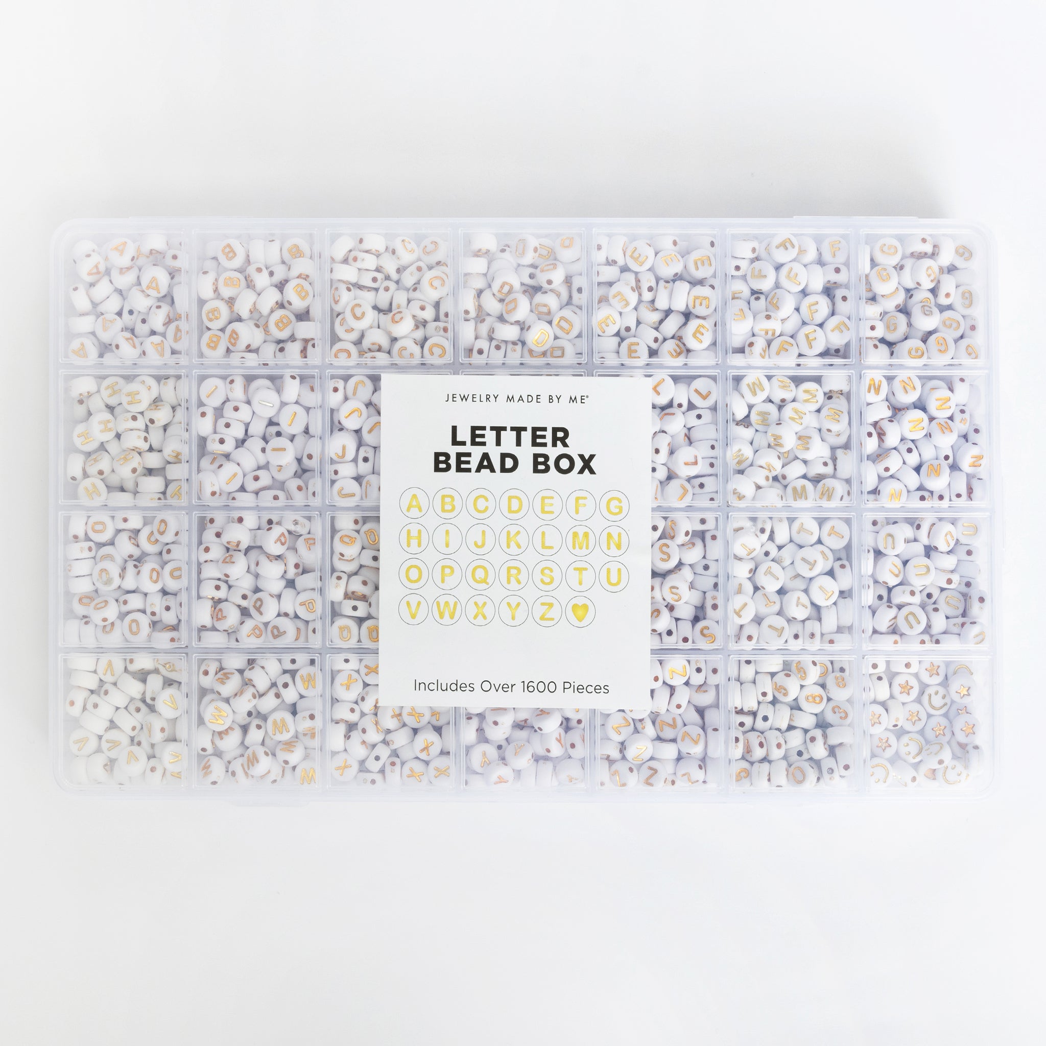 Round White With Metallic Gold 26 Letter Bead Kit Box
