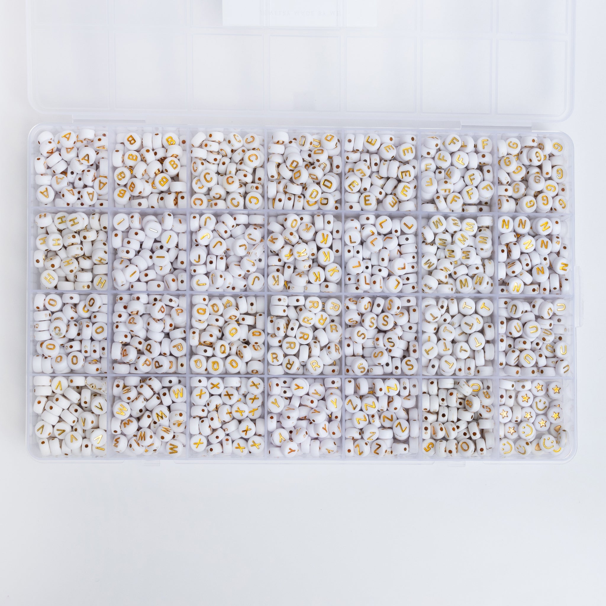 Round White With Metallic Gold 26 Letter Bead Kit Box