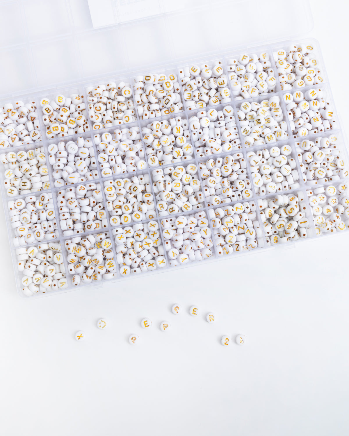Round White With Metallic Gold 26 Letter Bead Kit Box