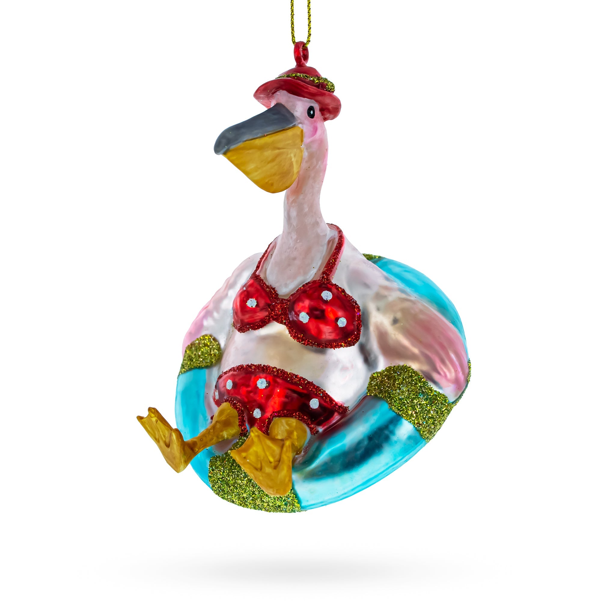 Vacationing Pelican In Swimsuit On An Inflatable - Blown Glass Christmas Ornament