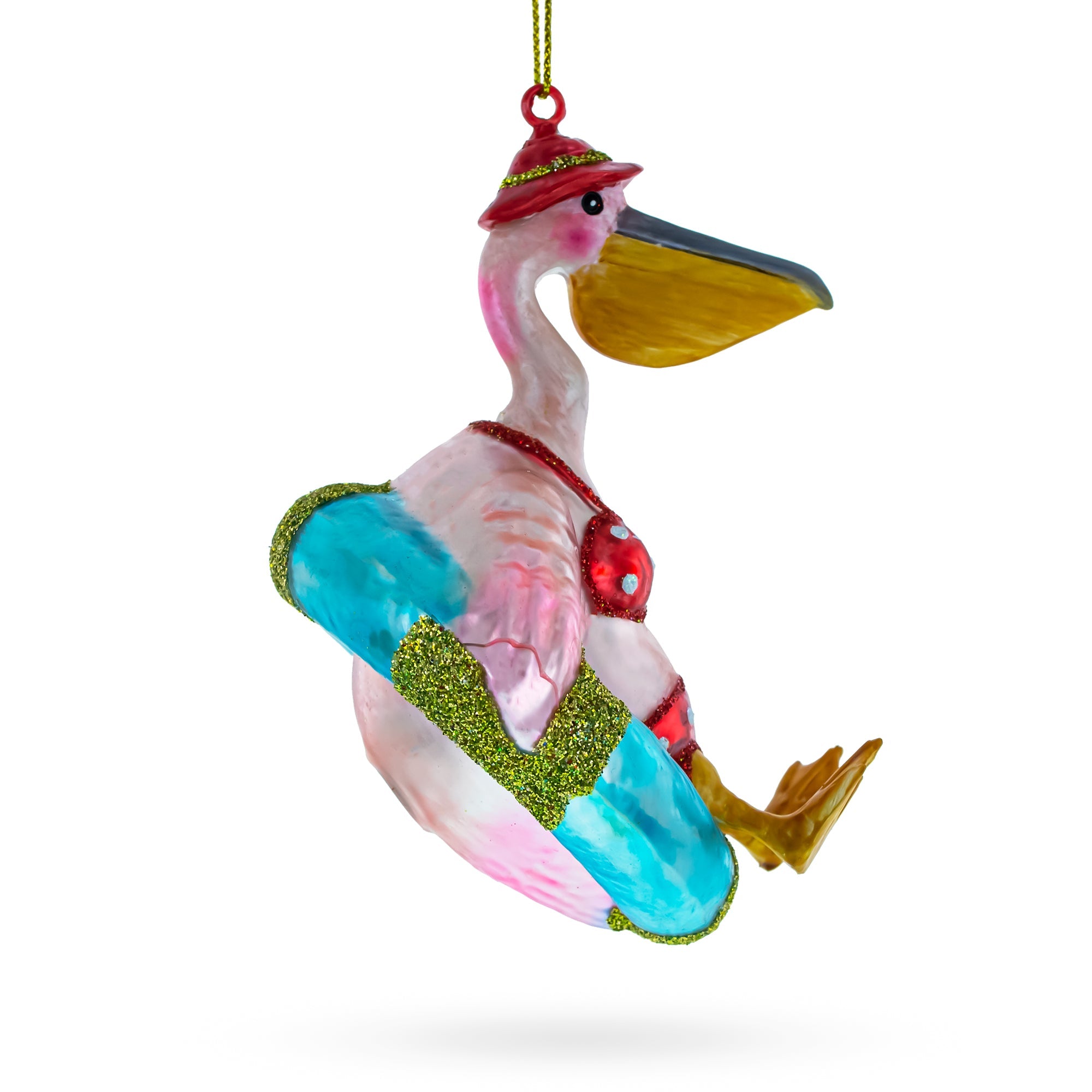 Vacationing Pelican In Swimsuit On An Inflatable - Blown Glass Christmas Ornament