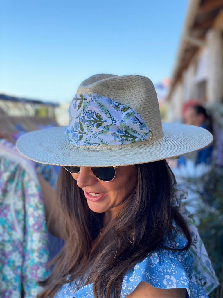 Zinnia Sun Hat - Blue Thistle Block Print Hat Scarf