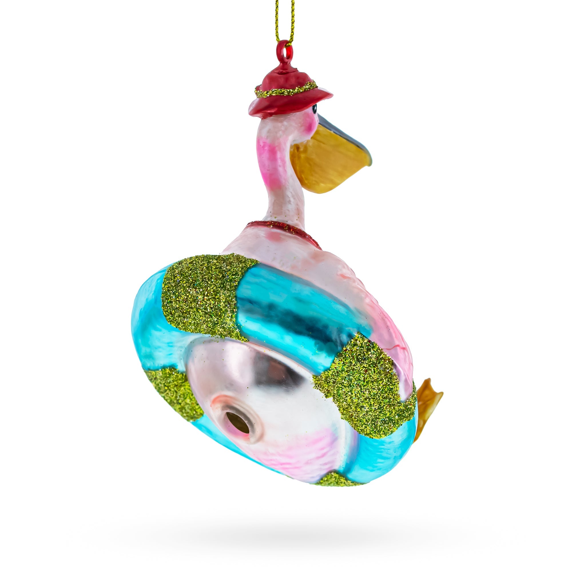 Vacationing Pelican In Swimsuit On An Inflatable - Blown Glass Christmas Ornament