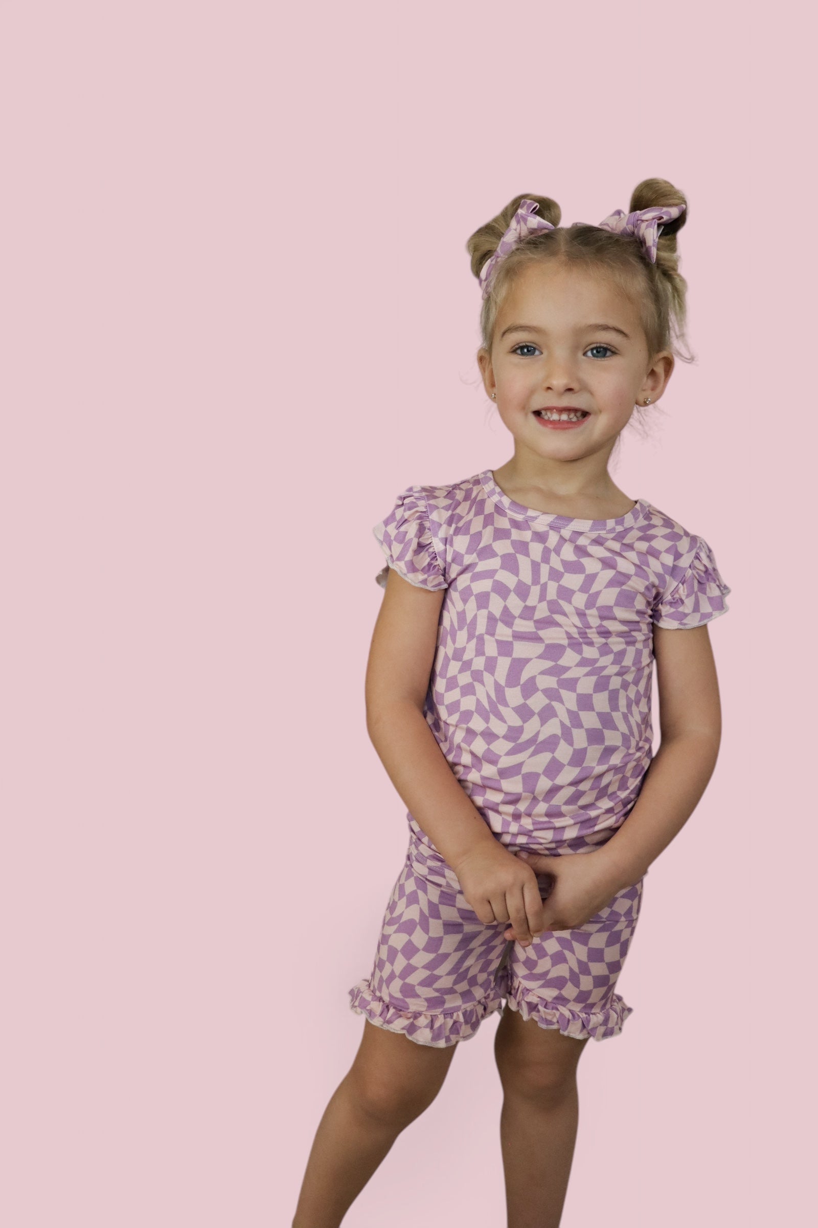 Plum Wavy Checkers Dream Ruffle Short Set