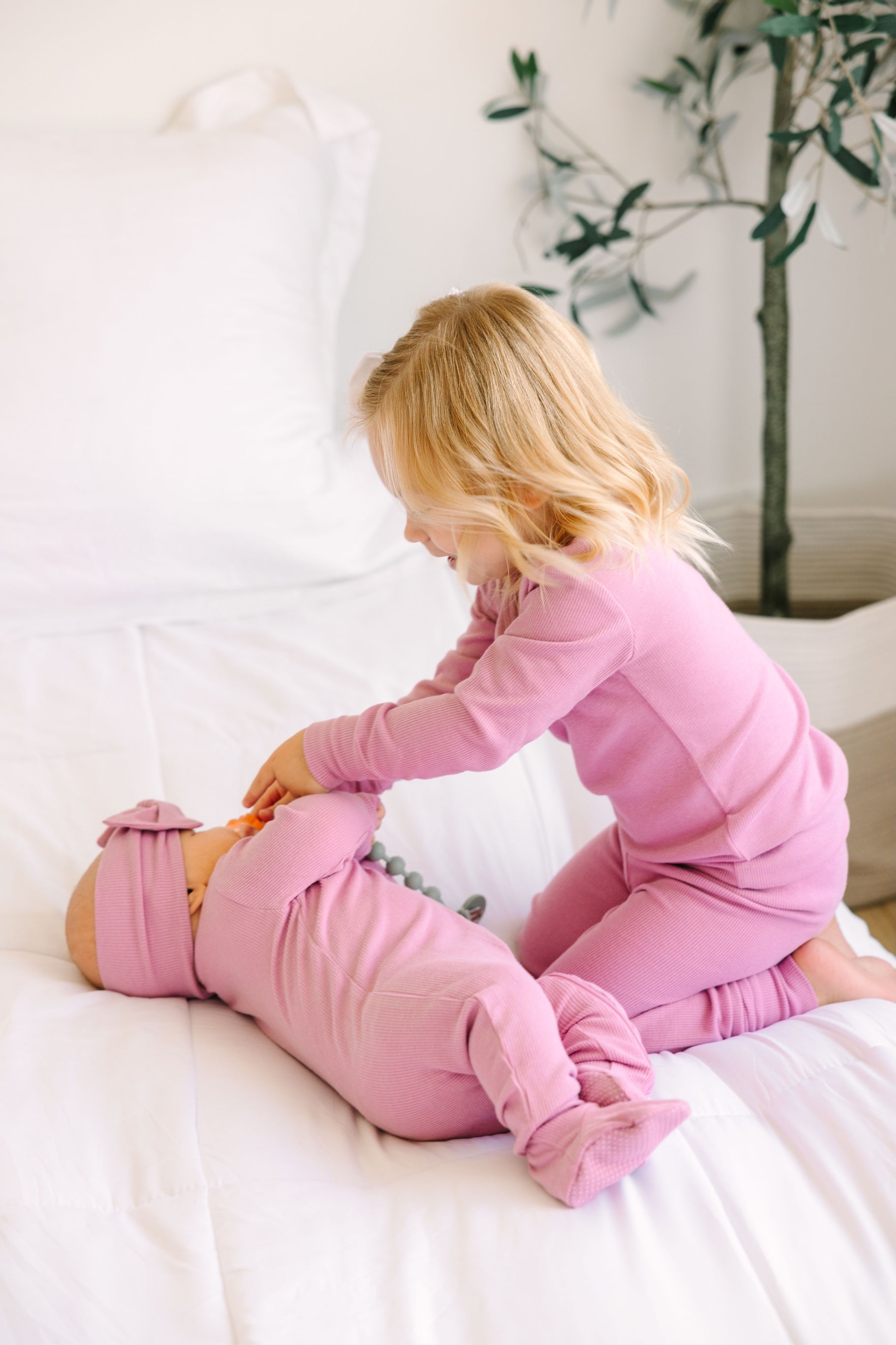 Solid Mauve Pj Footed Onesie Ribbed Cotton-bamboo Blend