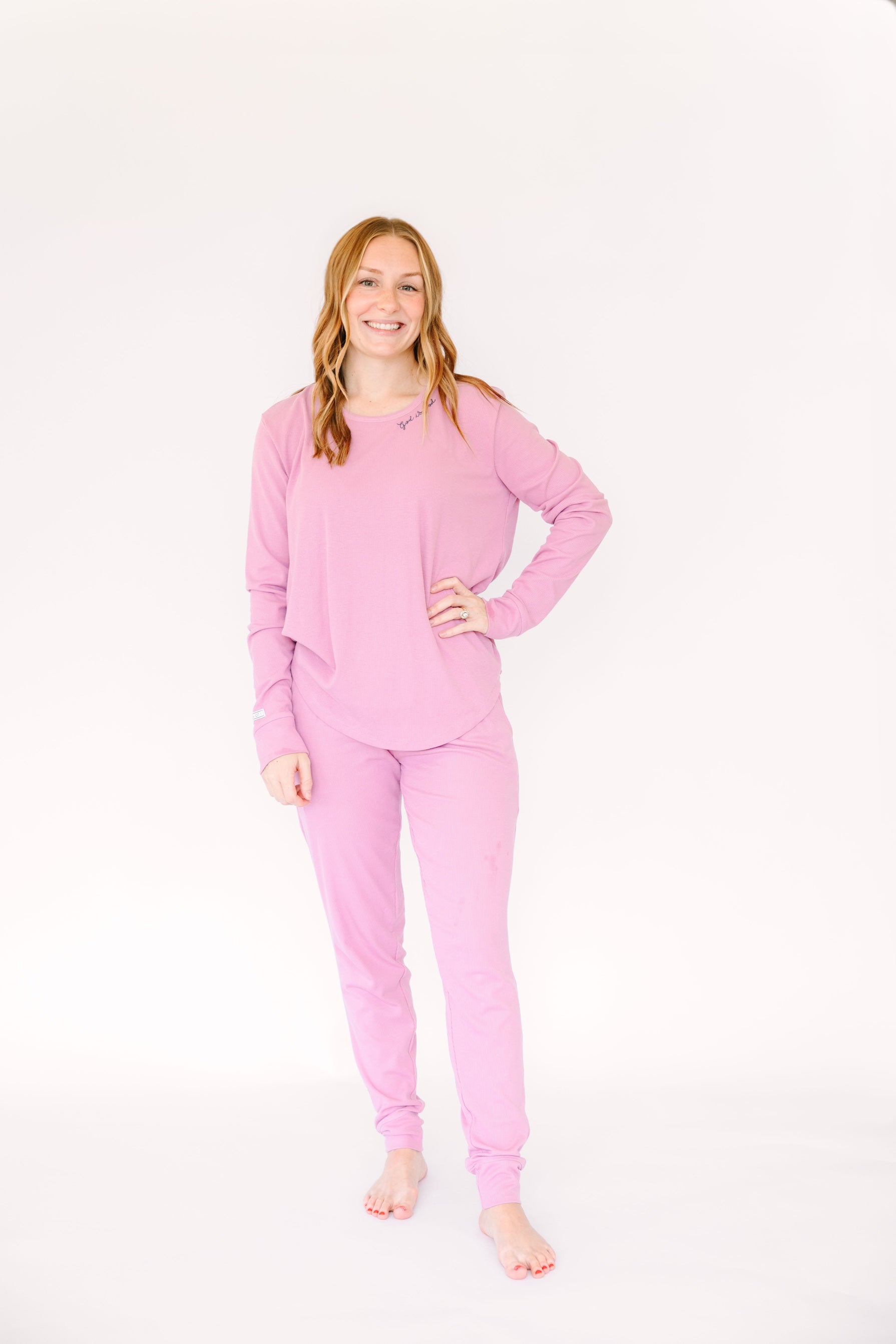 Solid Mauve Womens Pj Jogger Set Ribbed Cotton-bamboo Blend