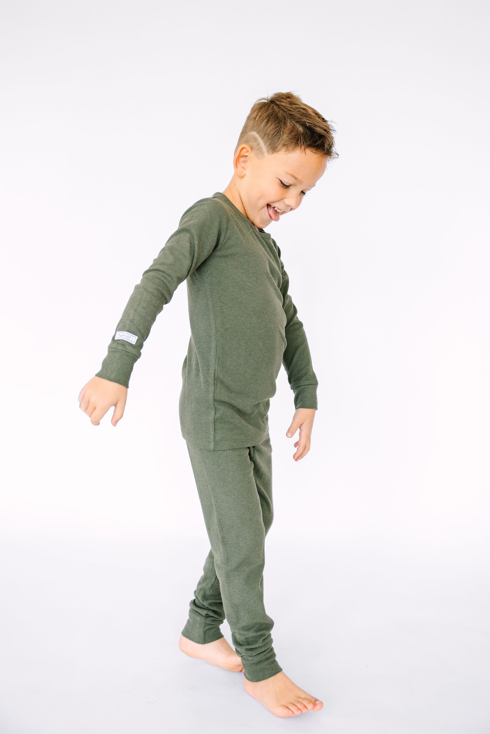 Solid Olive Pj Long Sleeve Set Ribbed Cotton-bamboo Blend