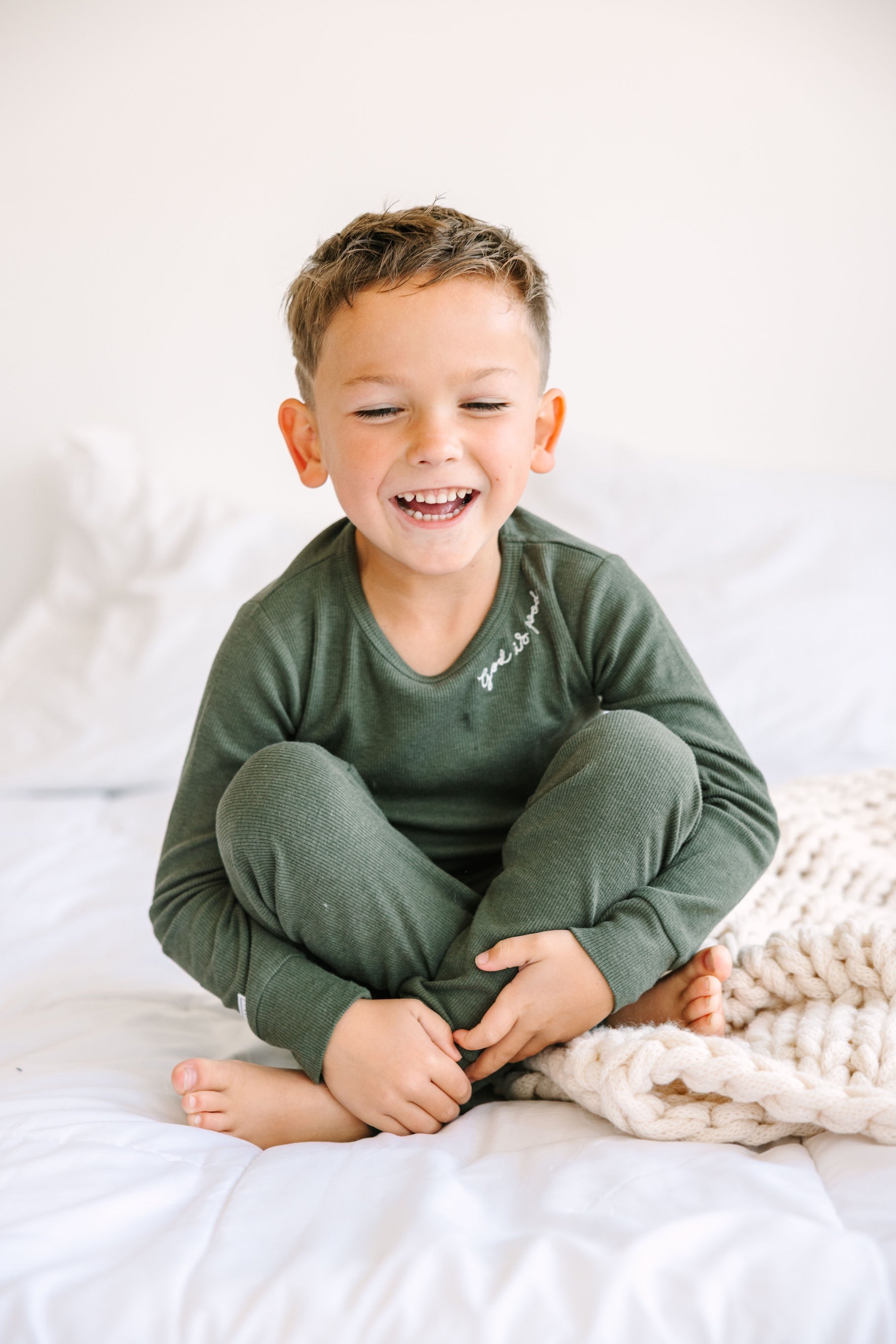 Solid Olive Pj Long Sleeve Set Ribbed Cotton-bamboo Blend