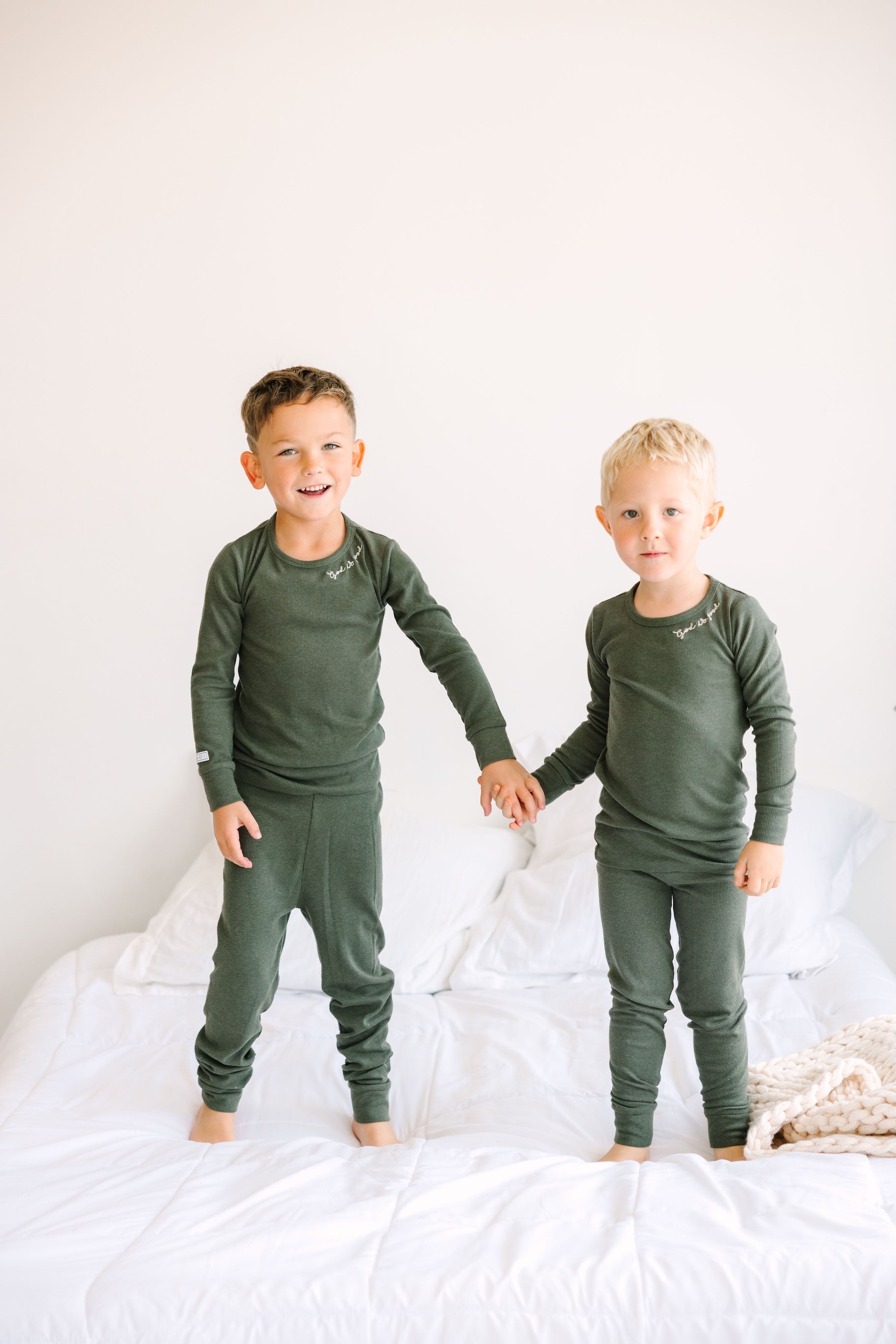 Solid Olive Pj Long Sleeve Set Ribbed Cotton-bamboo Blend