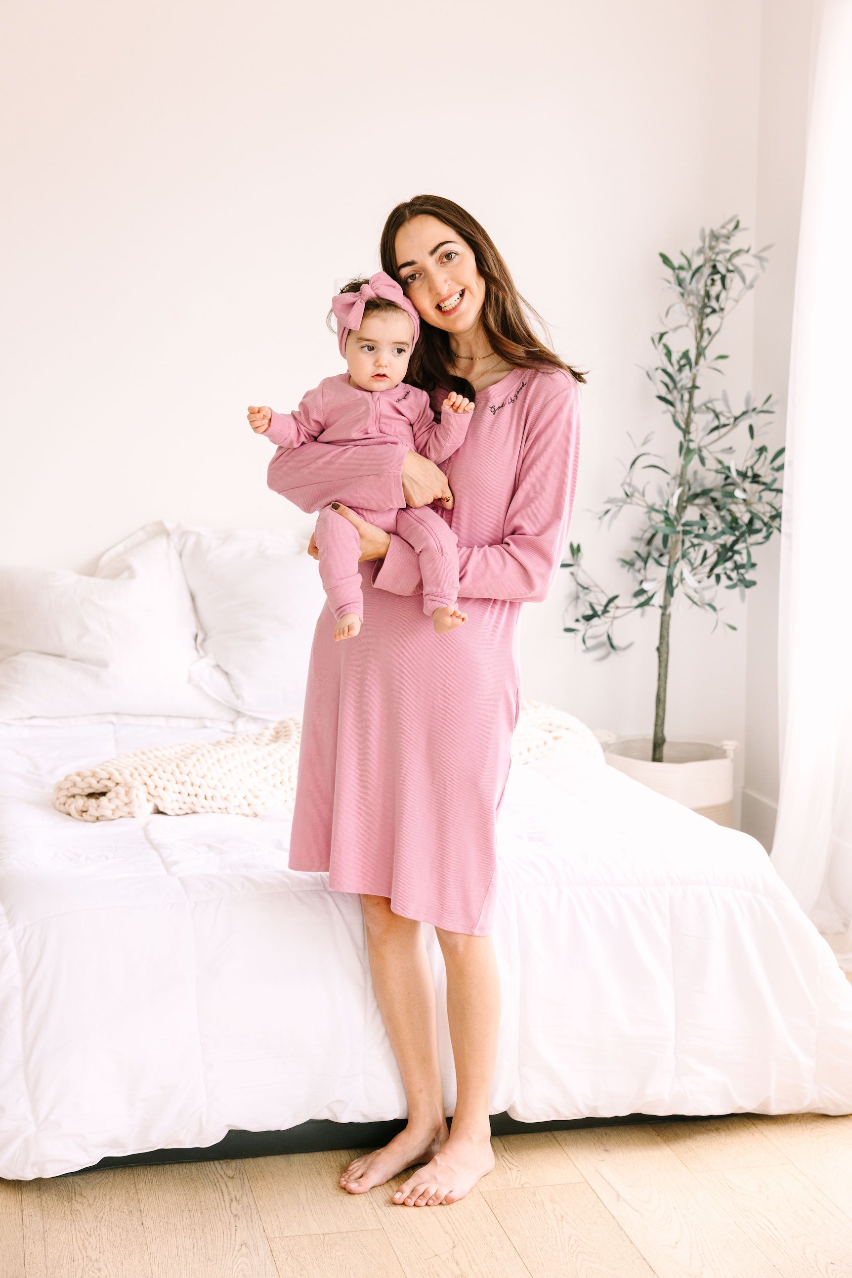 Solid Mauve Womens Nightgown Pj Ribbed Cotton-bamboo Blend