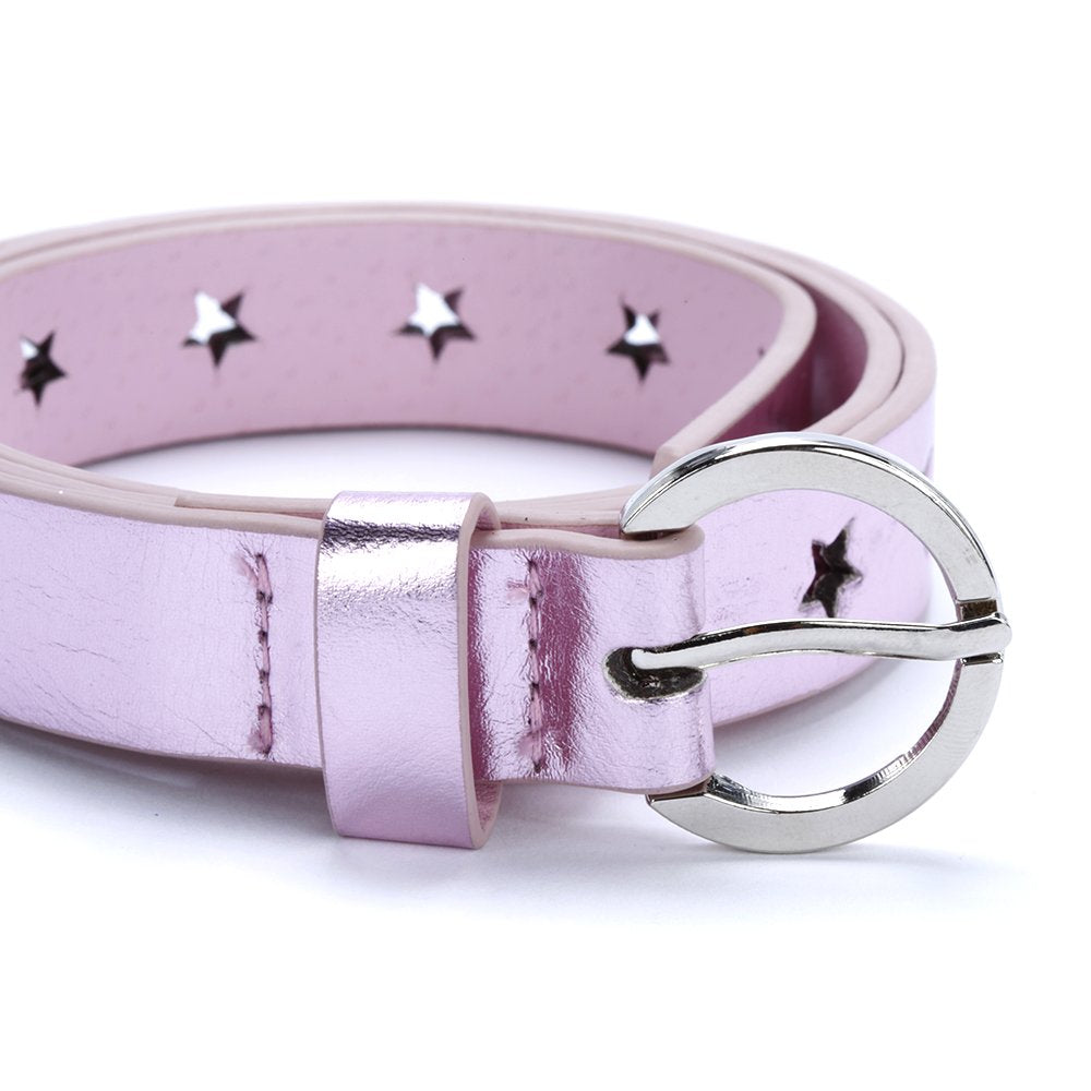 Shiny Pink Metallic Perforated Stars Girls Belt - For Kids Size 4-14 Years, Stylish And Fun