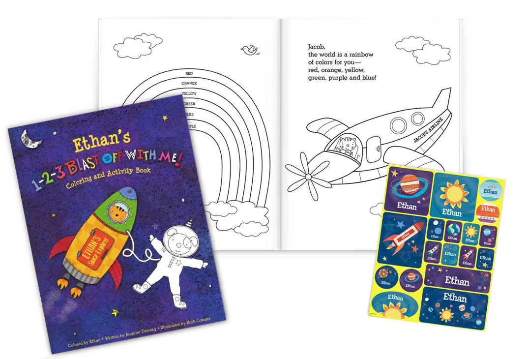 1-2-3 Blast Off With Me Personalized Coloring Book and Sticker Gift Set