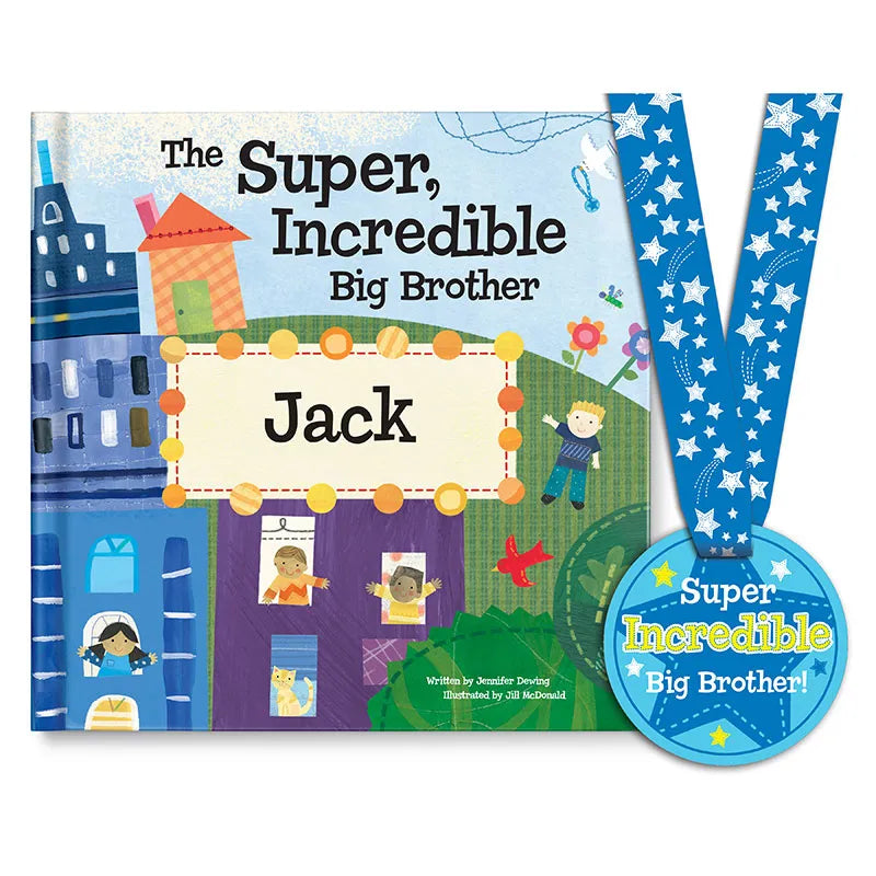 The Super, Incredible Big Brother of Twins Personalized Book and Medal