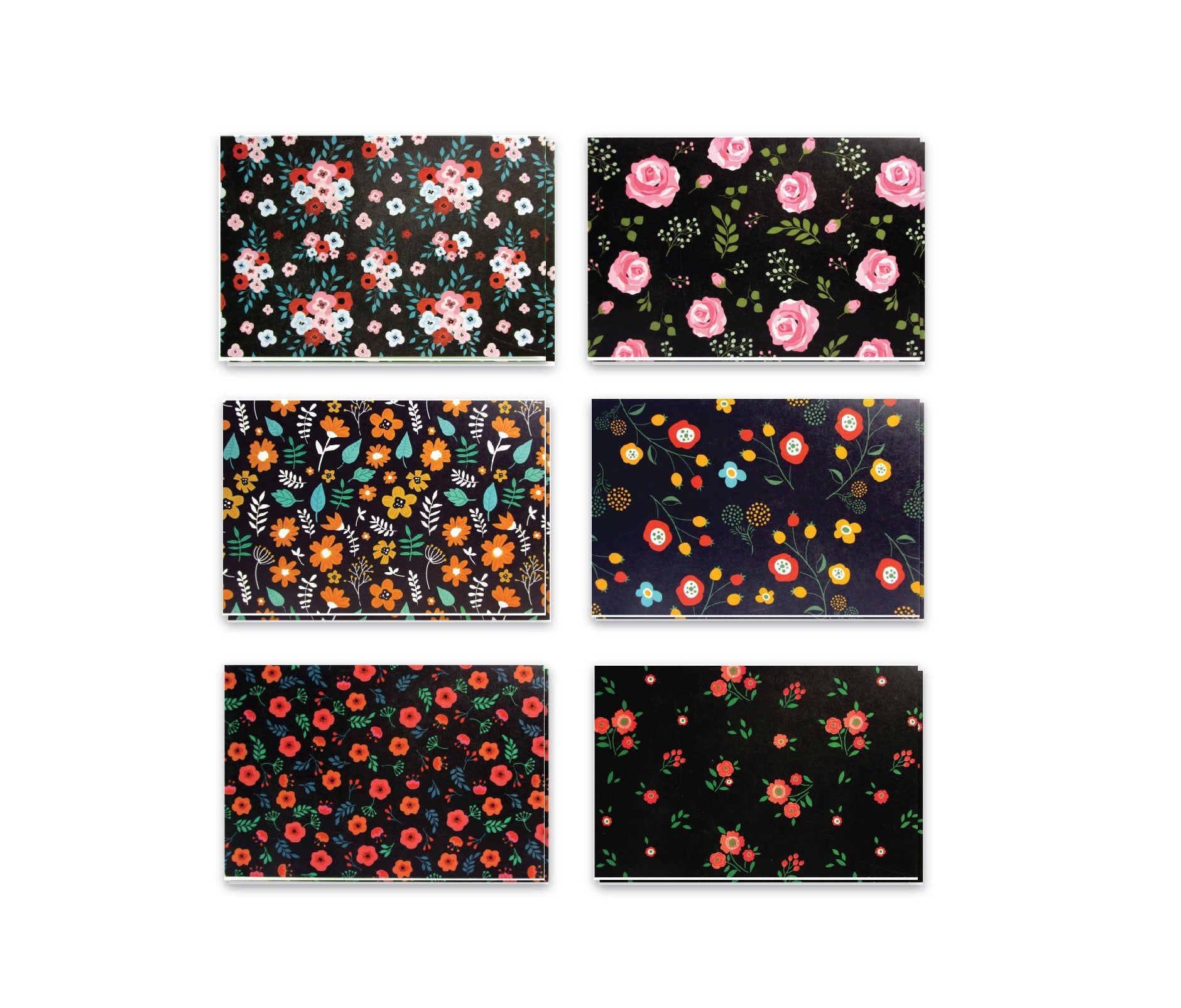 Black Floral - 36 Pack Assorted Greeting Cards For All Occasions - 6 Design
