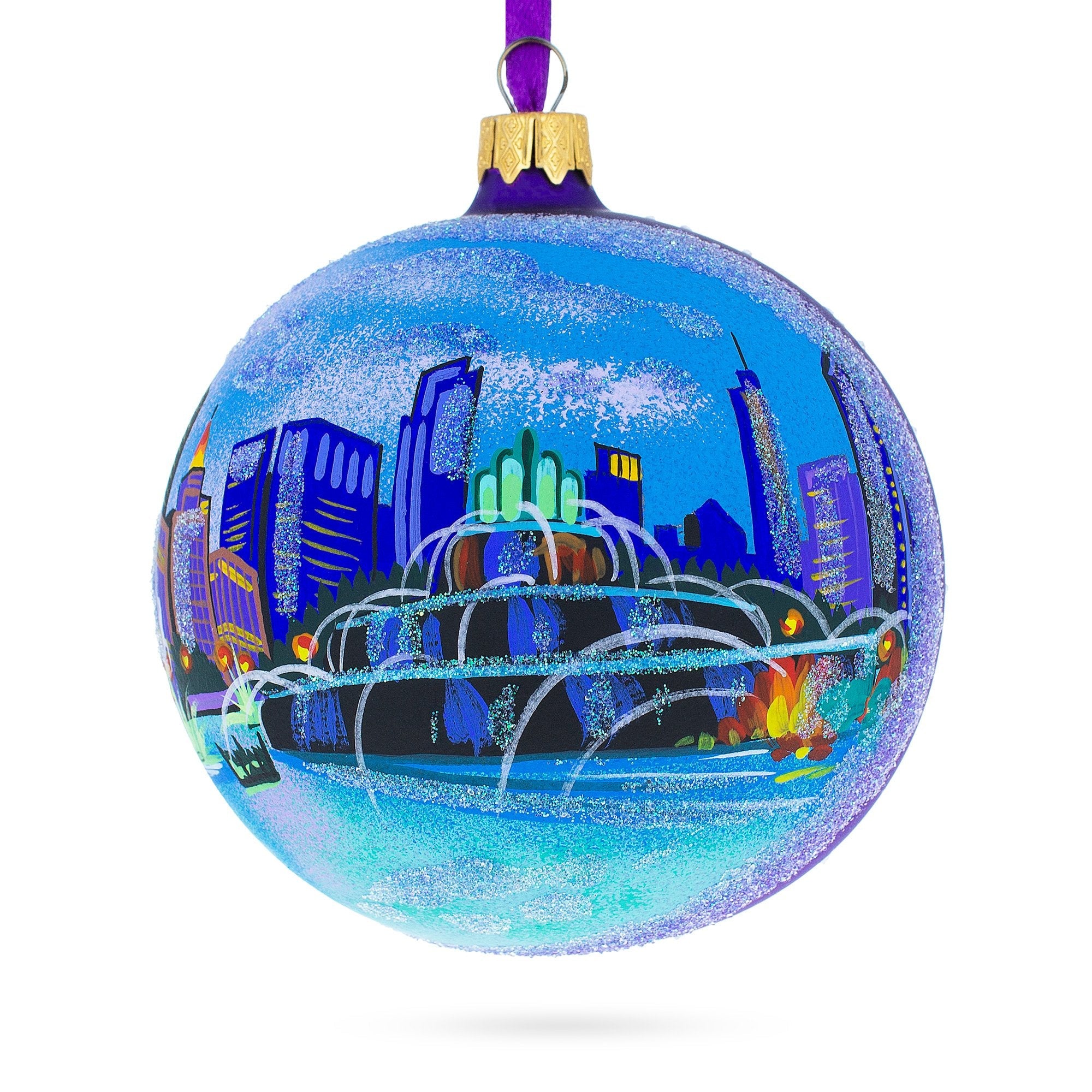 Buckingham Fountain, Chicago, Illinois, Usa Glass Ball Christmas Ornament 4 Inches