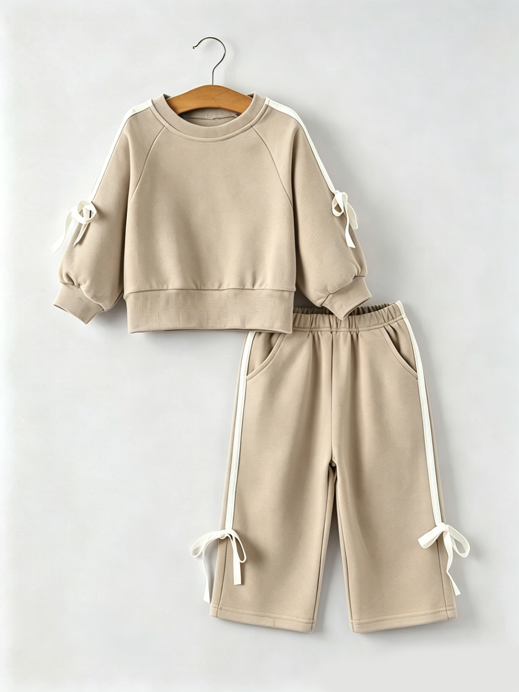 Girls Pink Bow Trim Sweatshirt And Pants Set
