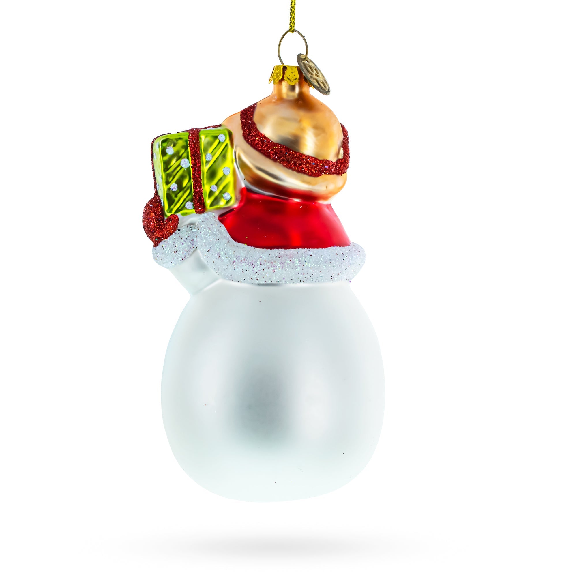 Snowman With Red Cardinals Holding A Gift - Premium Blown Glass Christmas Ornament