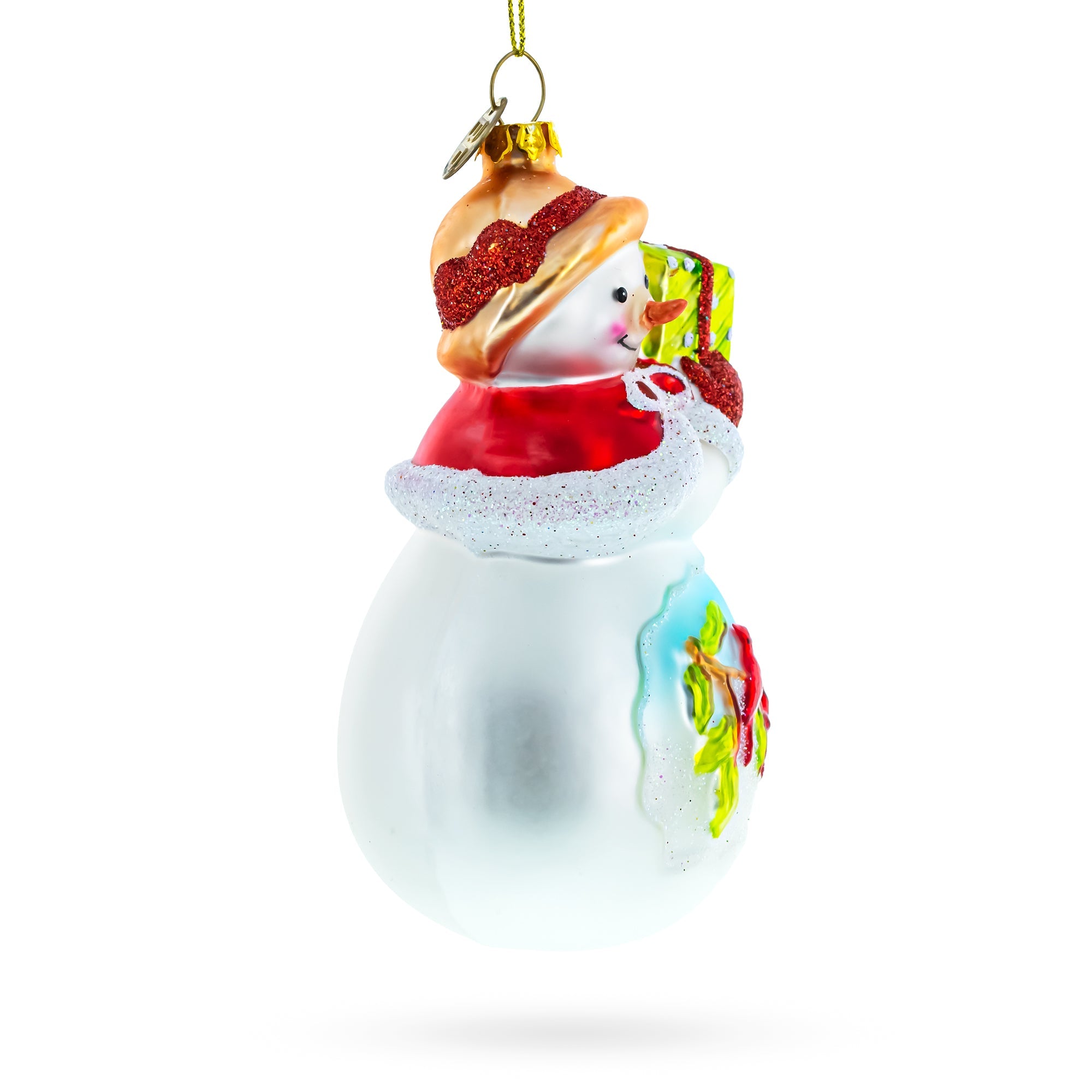 Snowman With Red Cardinals Holding A Gift - Premium Blown Glass Christmas Ornament