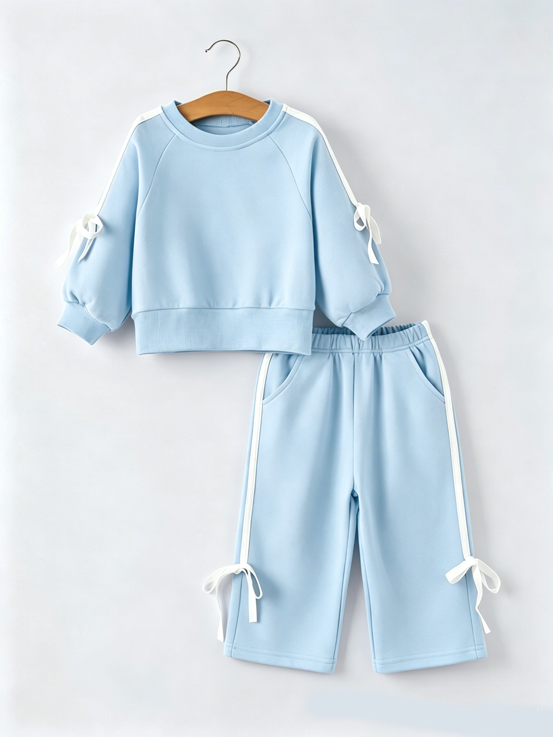 Girls Pink Bow Trim Sweatshirt And Pants Set