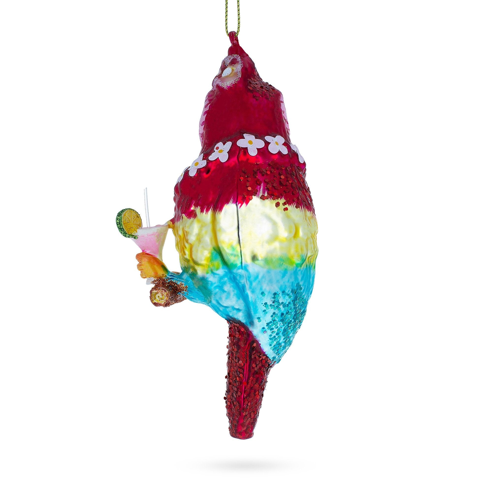 Vibrant Parrot With Drink - Blown Glass Christmas Ornament