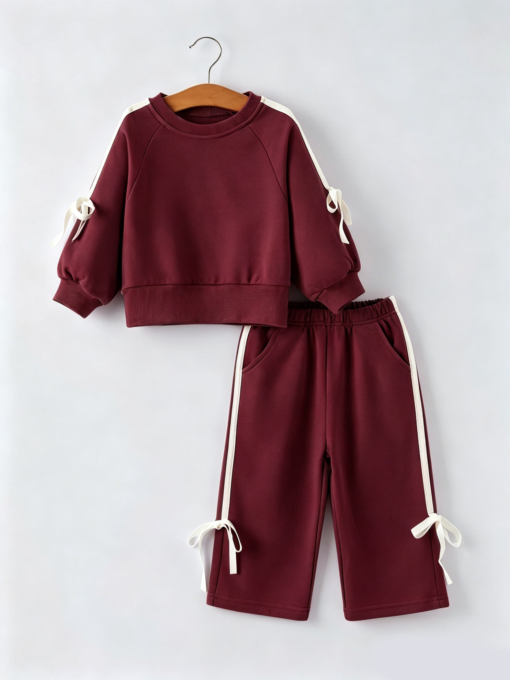 Girls Pink Bow Trim Sweatshirt And Pants Set