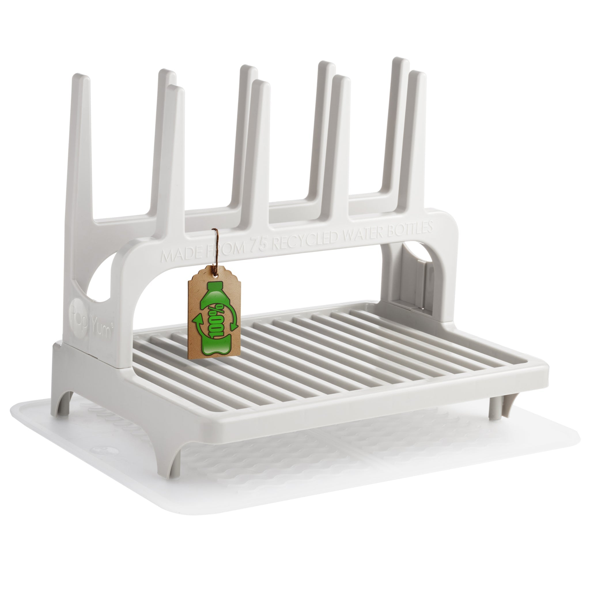Popyum Seattle Gray Drying Rack From 100% Recycled Bottles With Silicone Drying Mat, Countertop For Baby Bottle, Plastic Bags, Cups, Compact
