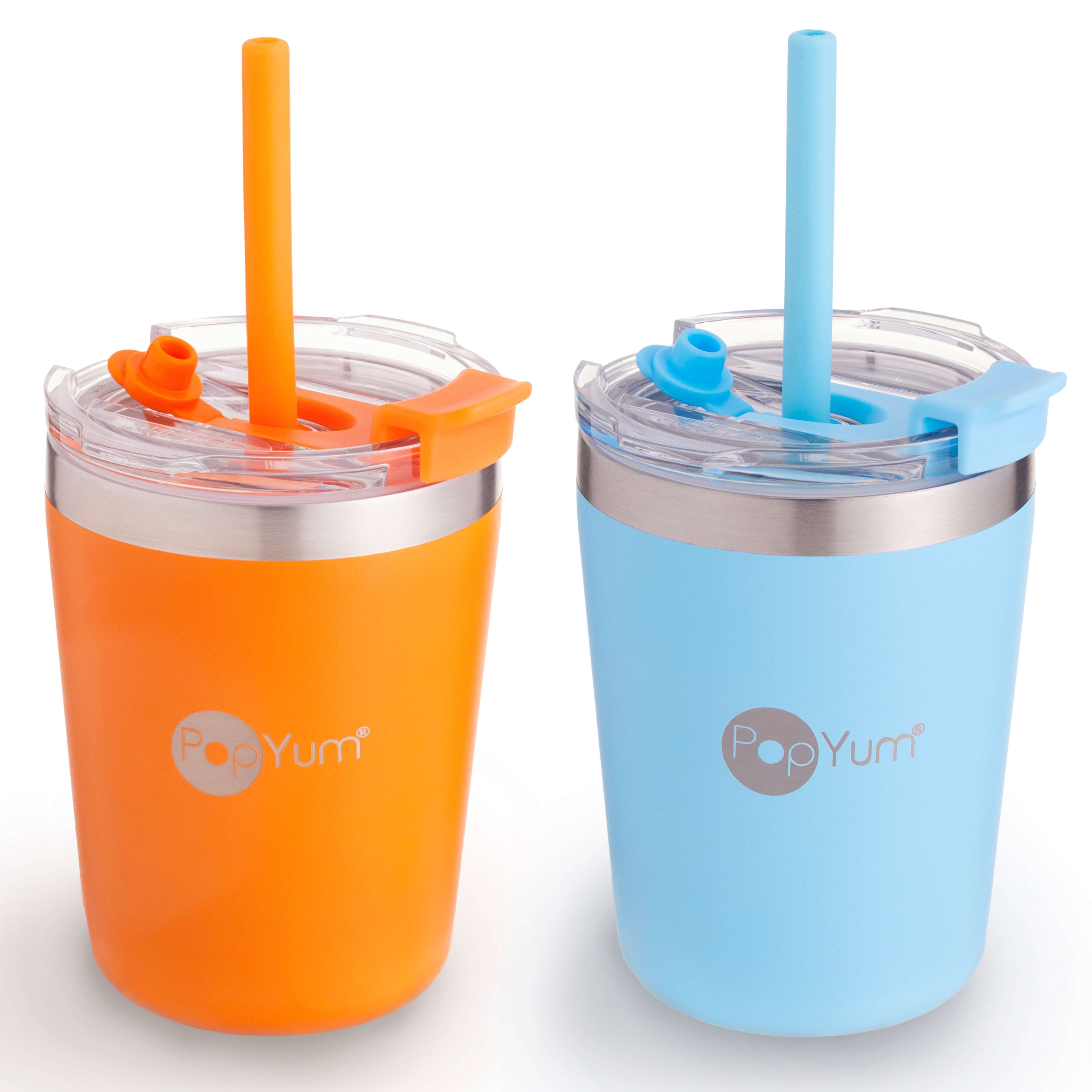 Popyum 9oz Insulated Stainless Steel Kids’ Cups With Lid And Straw, 2-pack, Orange & Blue, Stackable, Sippy, Baby, Child, Toddler, Tumbler