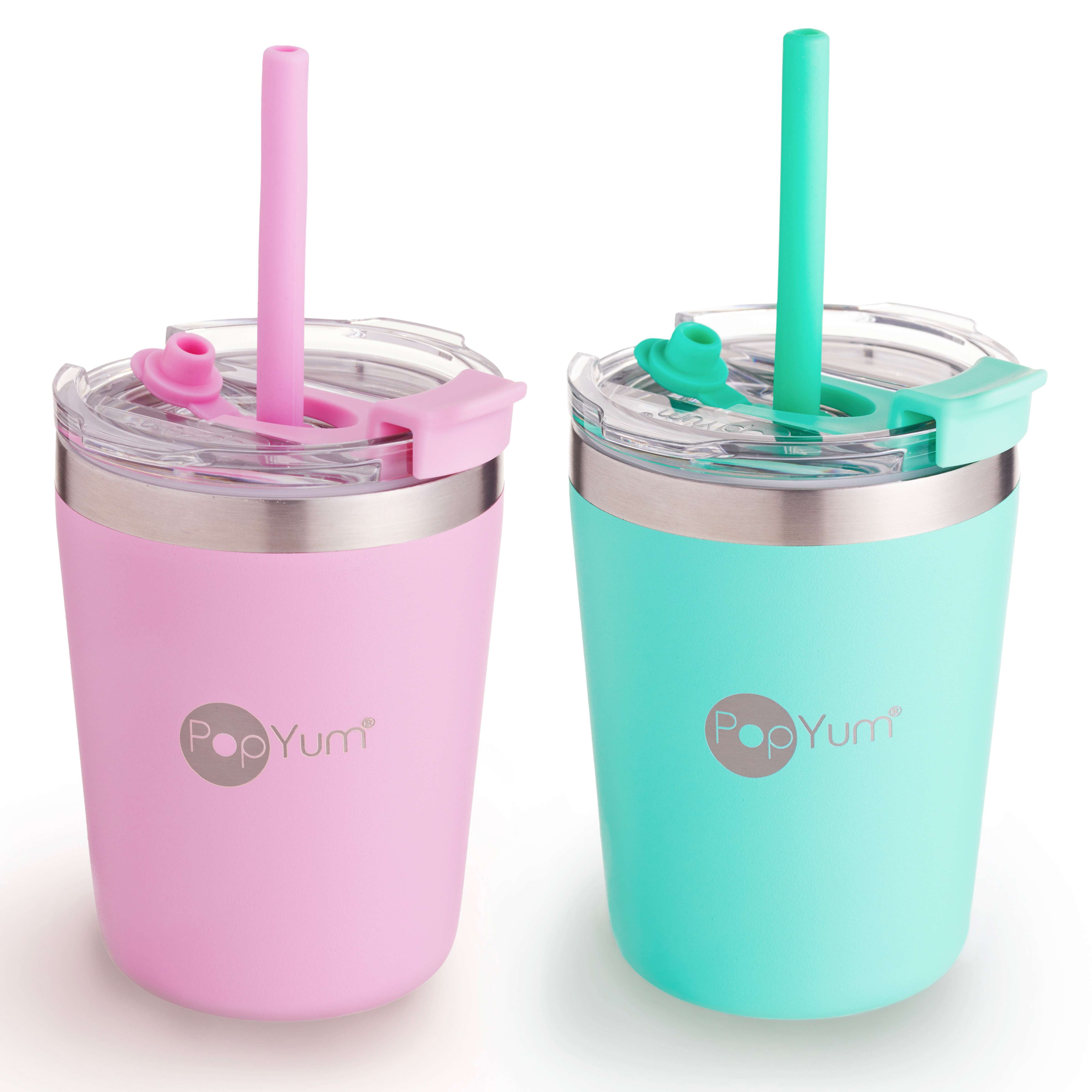 Popyum 9oz Insulated Stainless Steel Kids’ Cups With Lid And Straw, 2-pack, Green & Pink, Stackable, Sippy, Baby, Child, Toddler, Tumbler