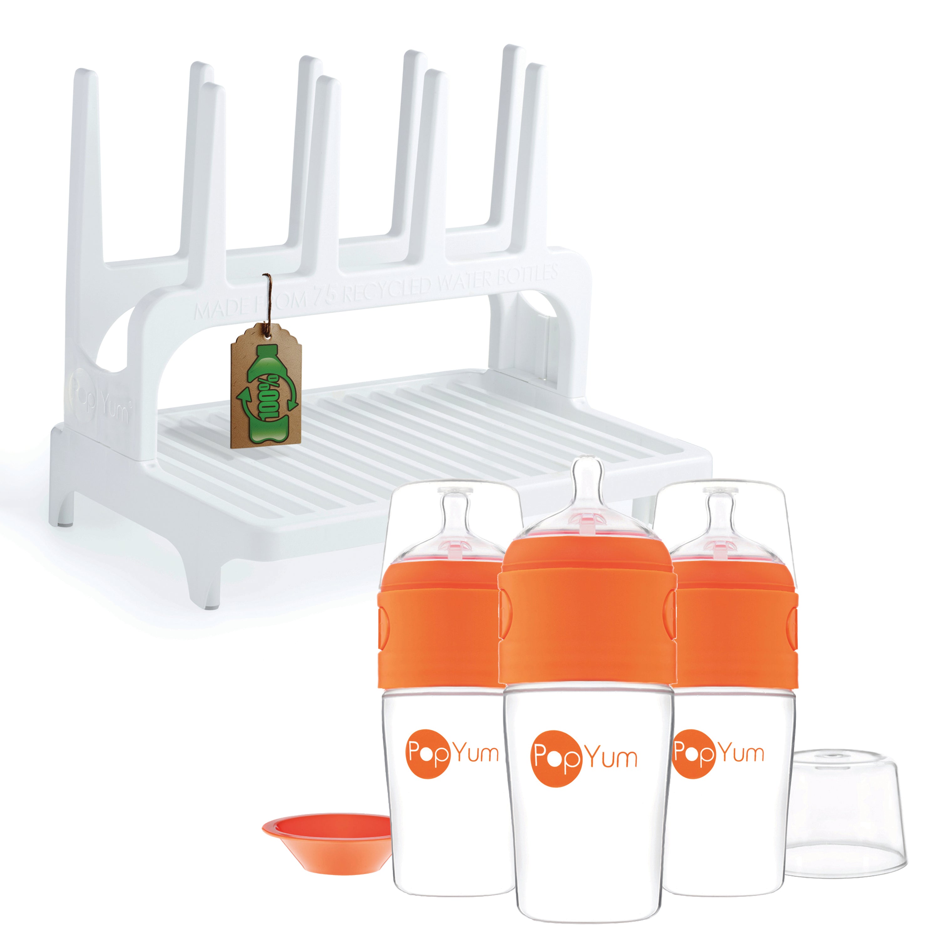 Popyum 9 Oz Orange Formula Making Baby Bottle 3-pack With White Drying Rack Bundle
