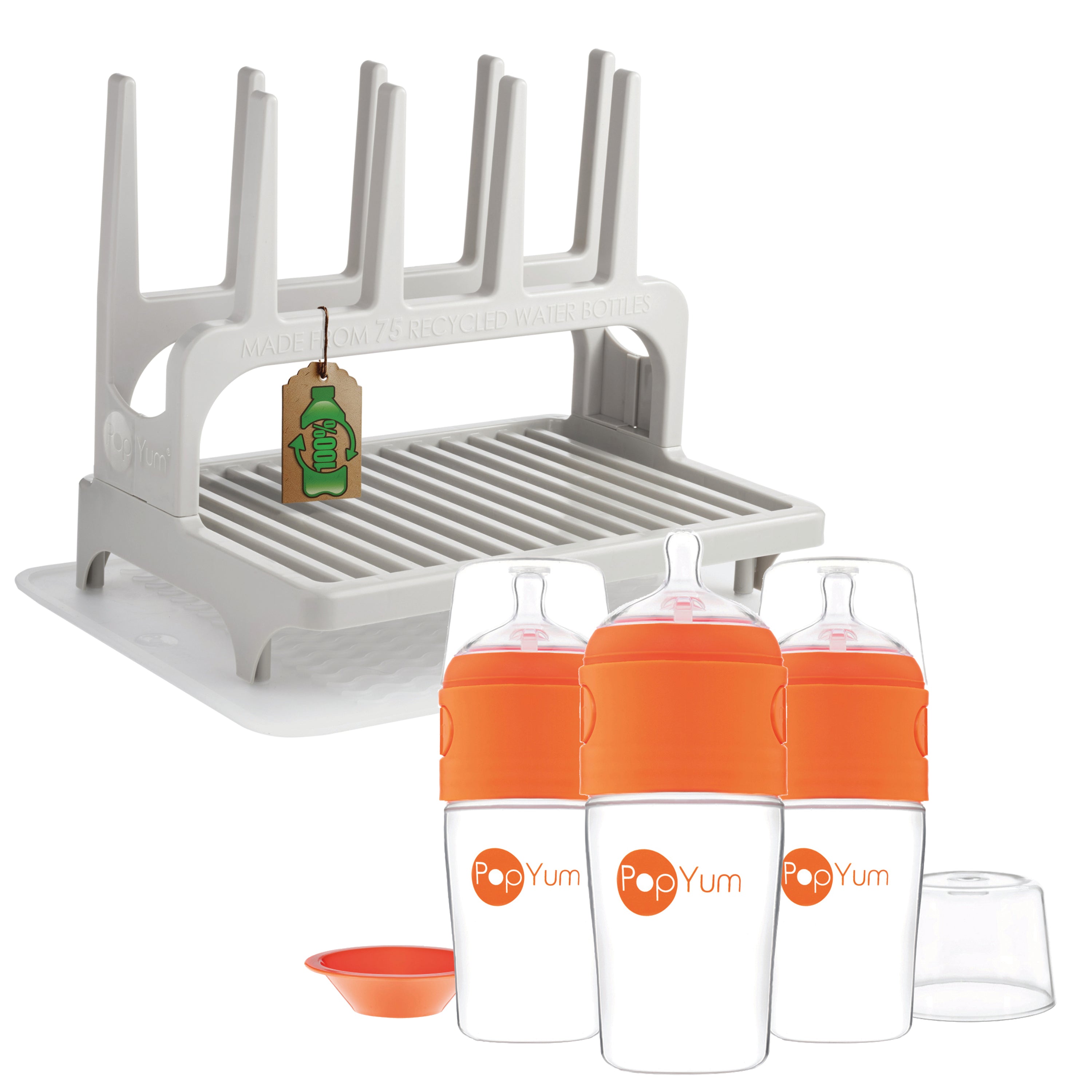 Popyum 9 Oz Orange Formula Making Baby Bottle 3-pk With Gray Drying Rack & Clear Drying Mat Bundle