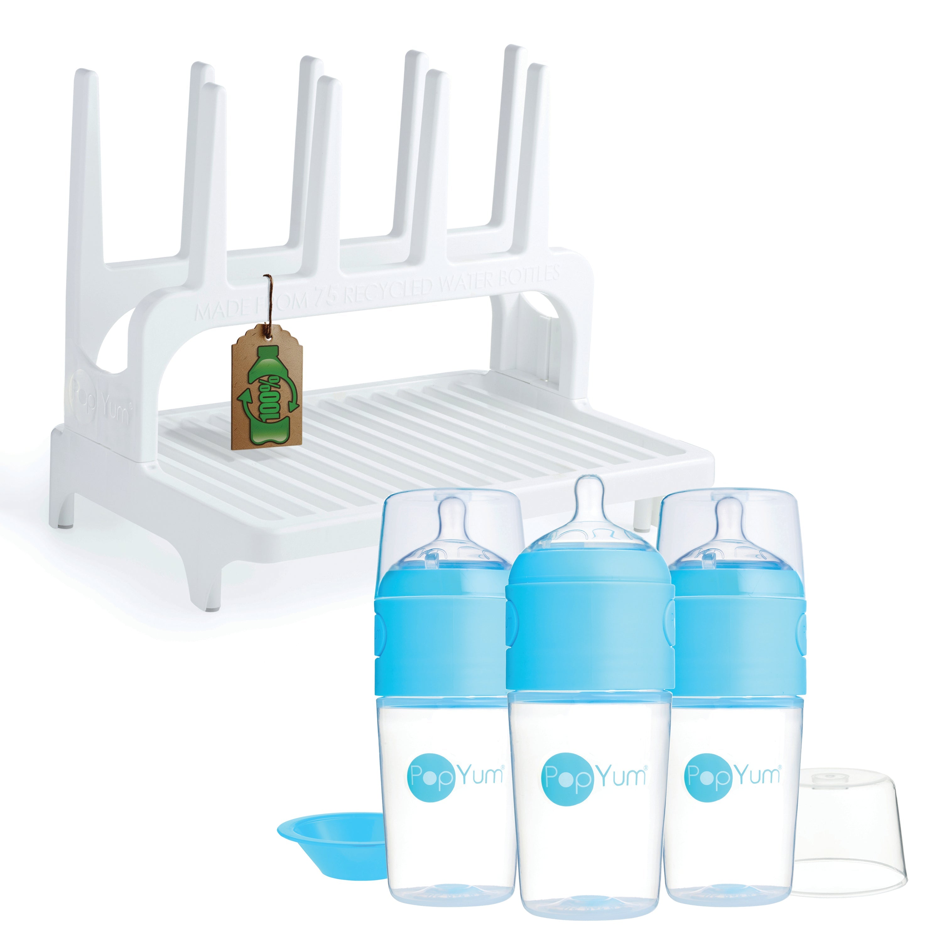 Popyum 9 Oz Blue Formula Making Baby Bottle 3-pack With White Drying Rack Bundle