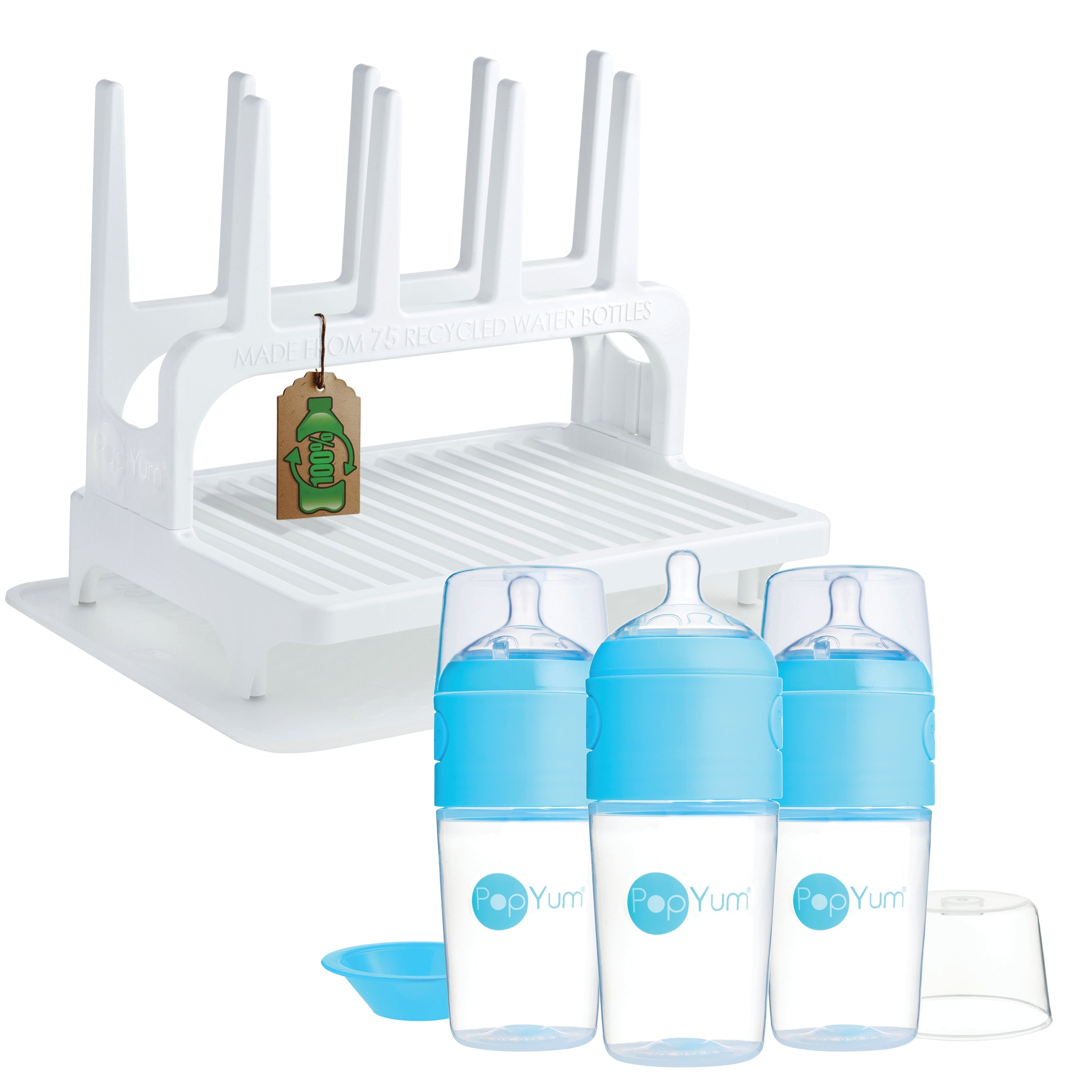 Popyum 9 Oz Blue Formula Making Baby Bottle 3-pk With White Drying Rack & Clear Drying Mat Bundle