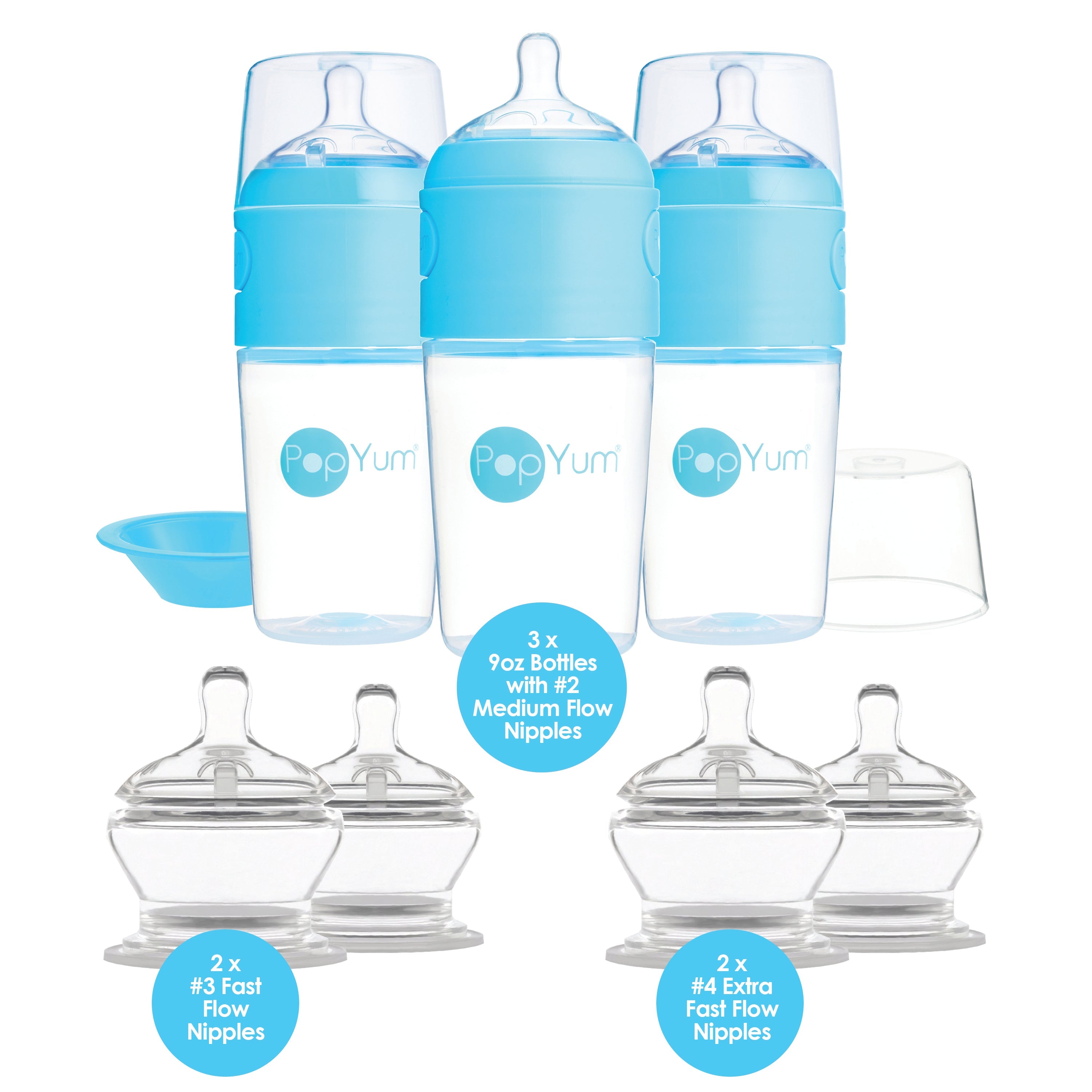 Popyum Blue 7 Piece Bundle: 9oz Bottle 3-pack + 2 Nipple 2-packs
