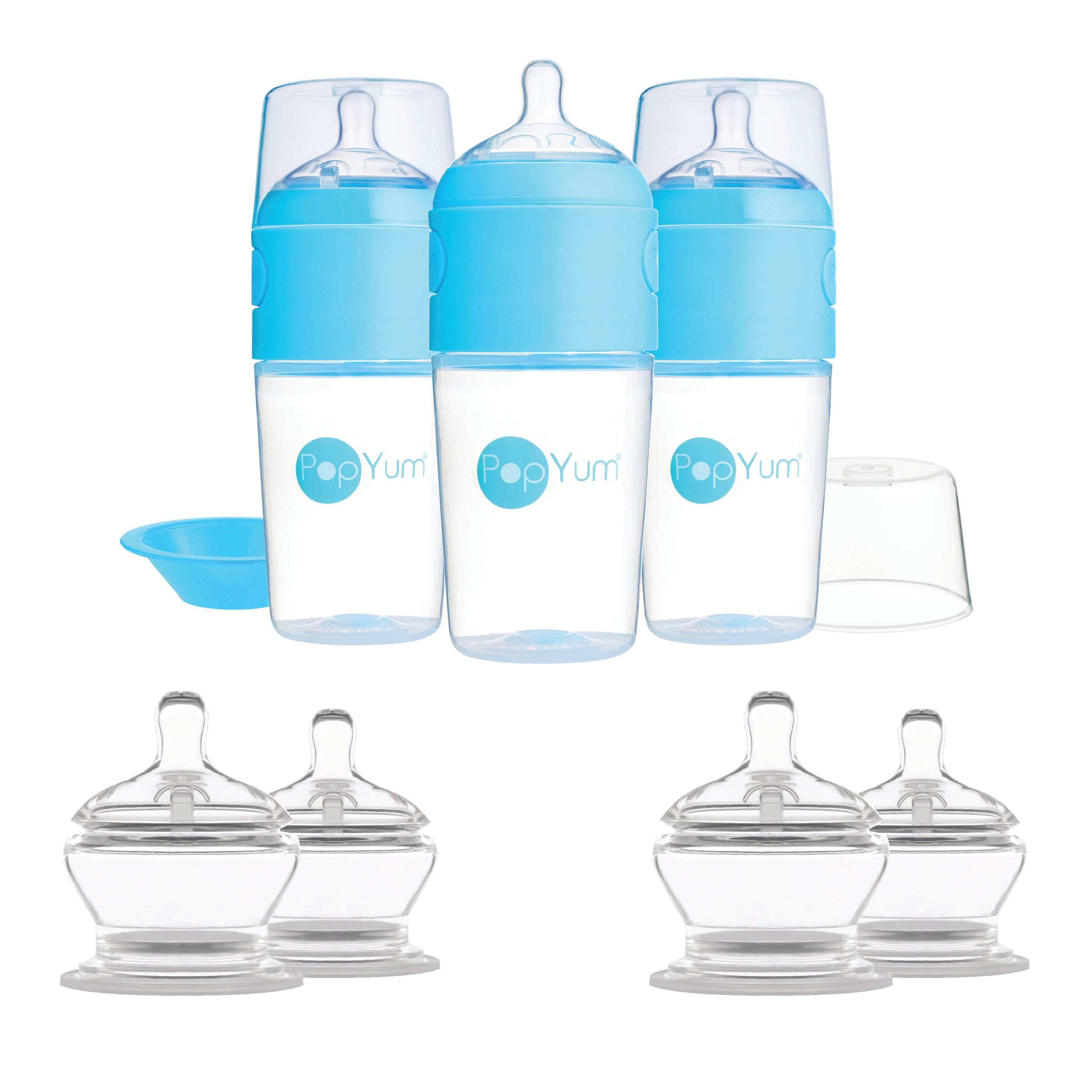 Popyum Blue 7 Piece Bundle: 9oz Bottle 3-pack + 2 Nipple 2-packs