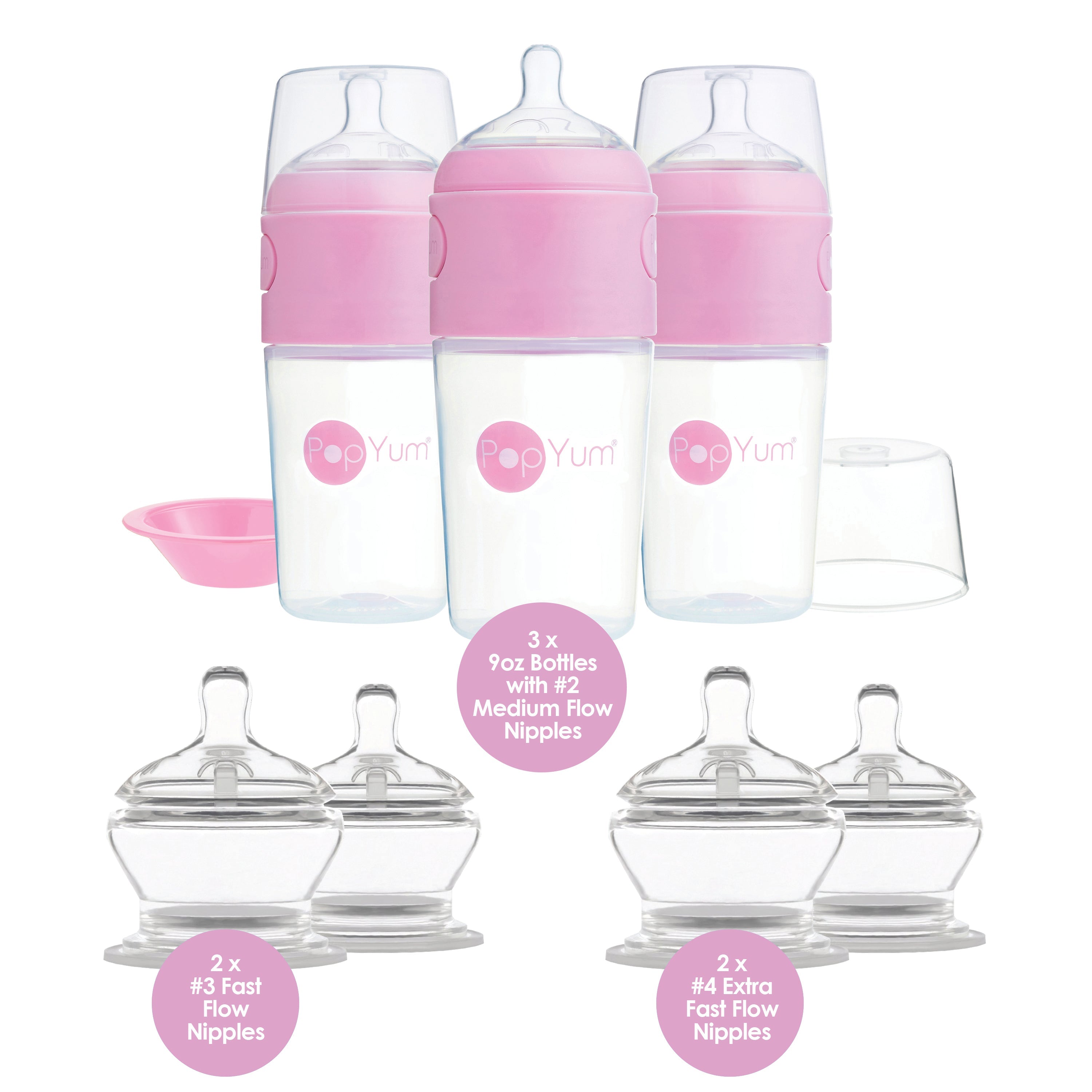 Popyum Pink 7 Piece Bundle: 9oz Bottle 3-pack + 2 Nipple 2-packs