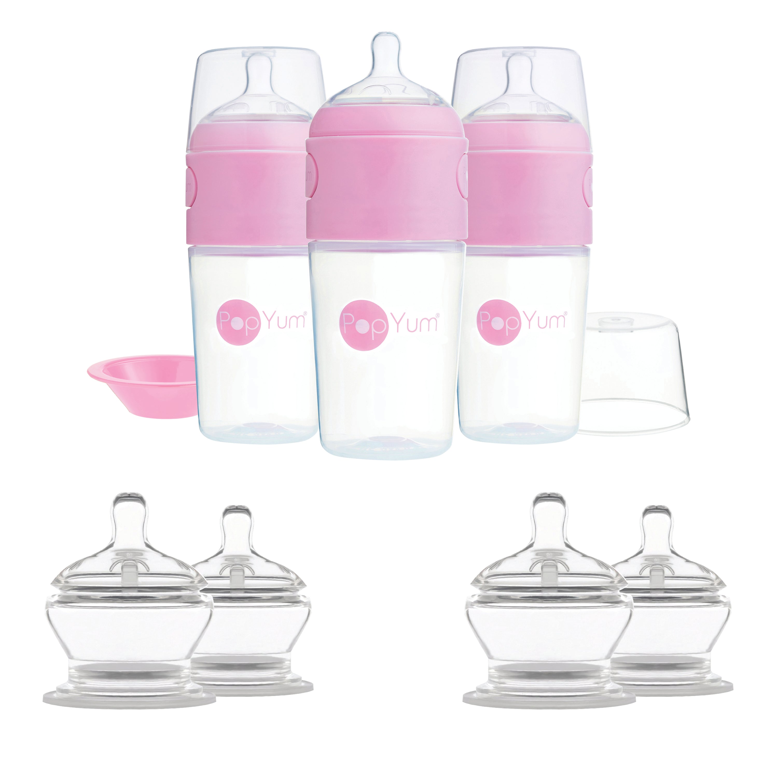 Popyum Pink 7 Piece Bundle: 9oz Bottle 3-pack + 2 Nipple 2-packs