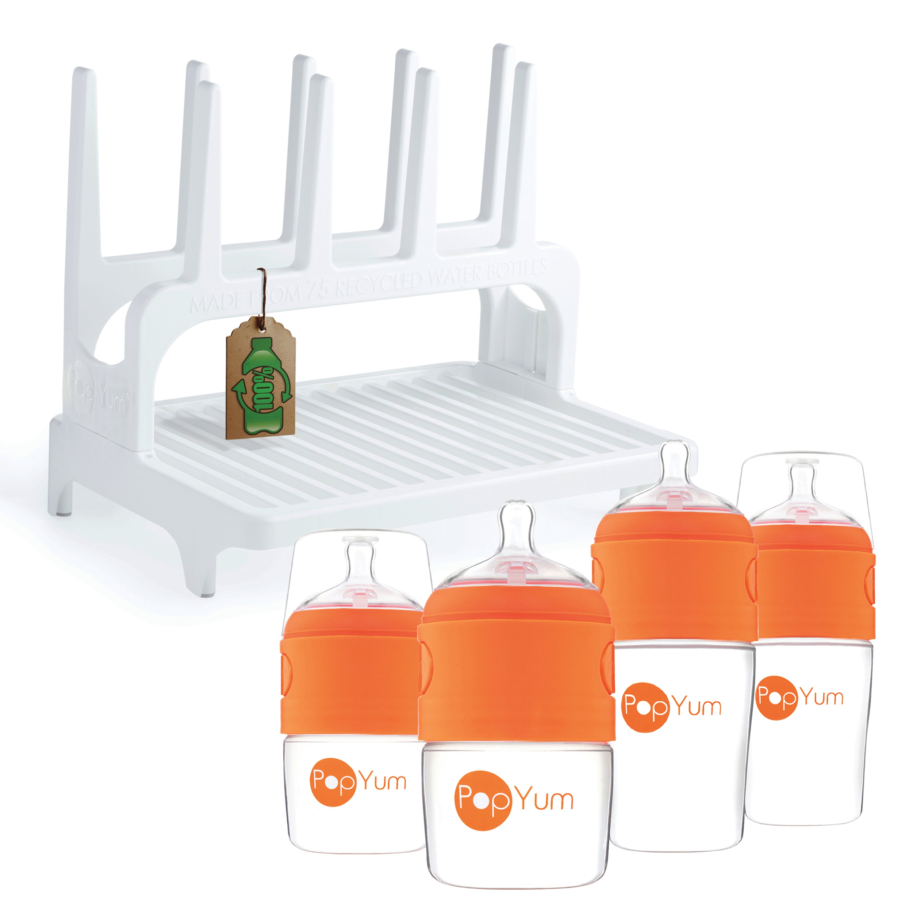 Popyum Orange Formula Making Baby Bottle Set 4-pack With White Drying Rack Bundle