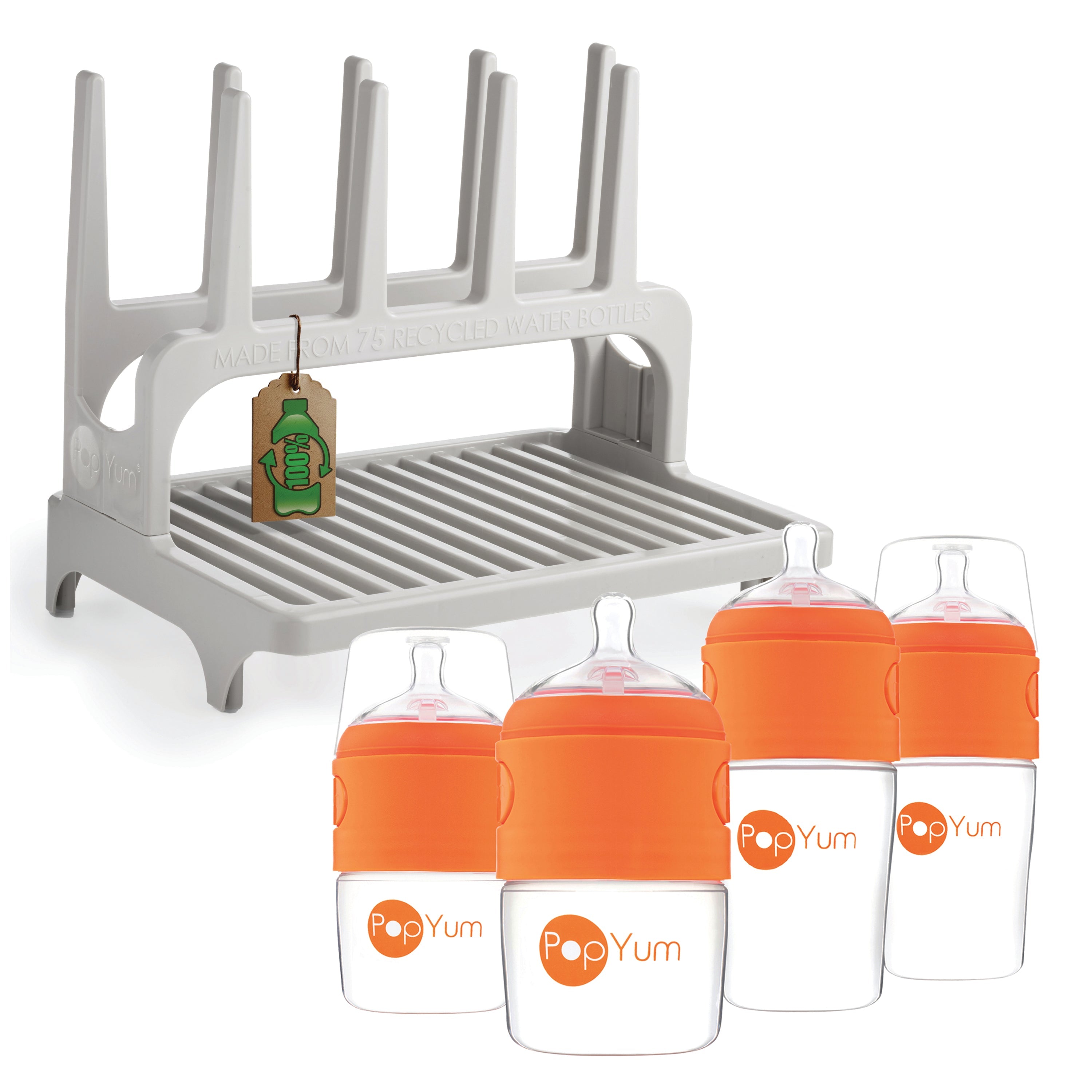 Popyum Orange Formula Making Baby Bottle Set 4-pack With Gray Drying Rack Bundle