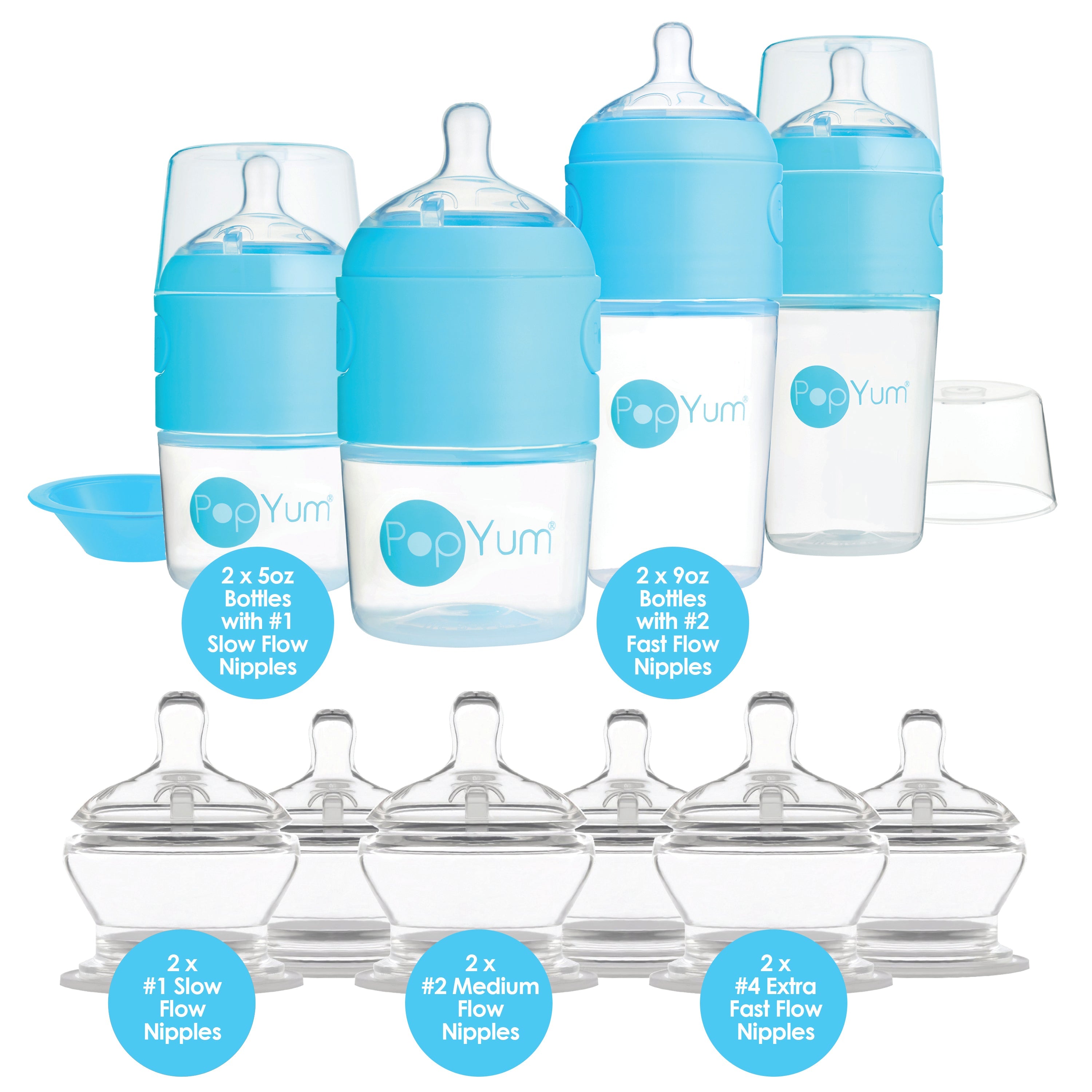 Popyum Blue 10 Piece Bundle: Bottle Set + 3 Nipple 2-packs