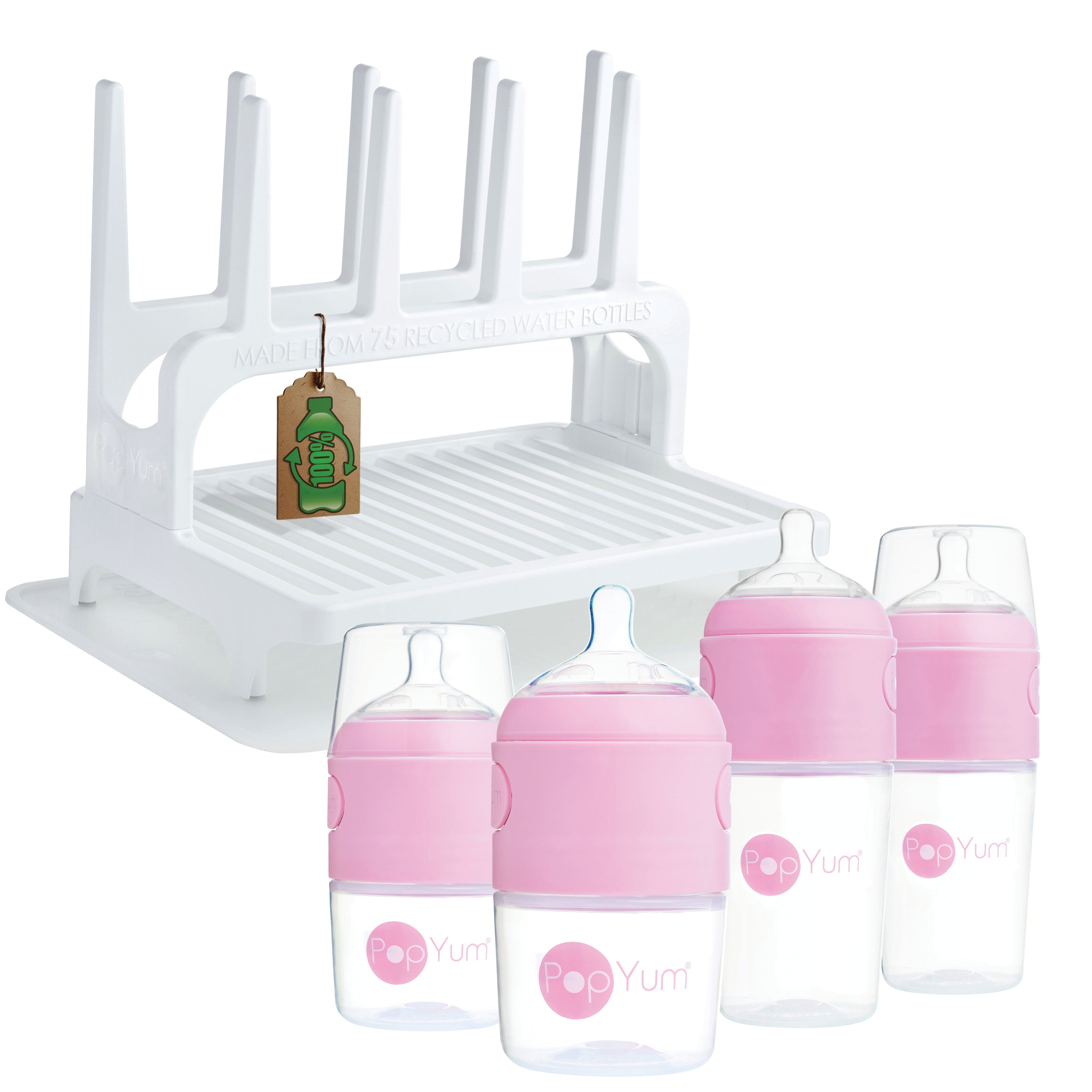 Popyum Pink Baby Bottle Set 4-pack With White Drying Rack & Clear Drying Mat Bundle