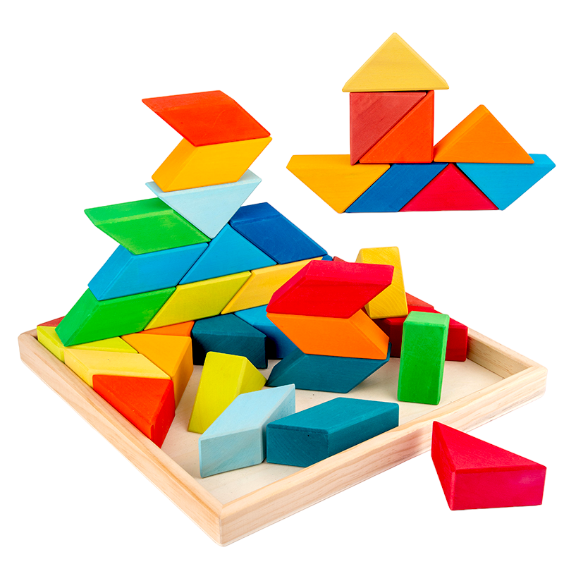 36 Pcs Stained Large Rainbow Square Indian Puzzle Blocks With Storage Tray