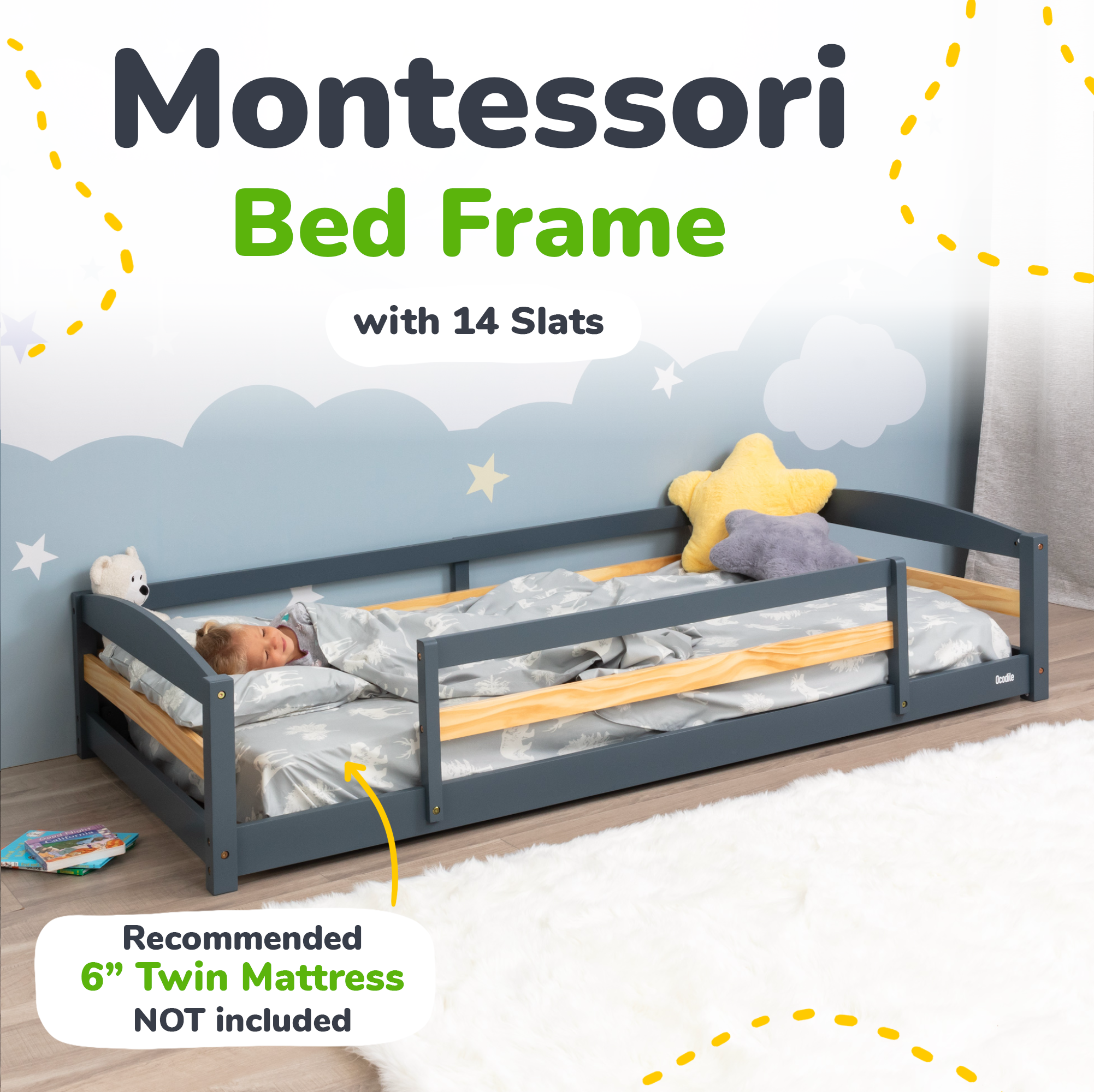 Twin Floor Bed With Safety Guardrails For Kids - Montessori Inspired