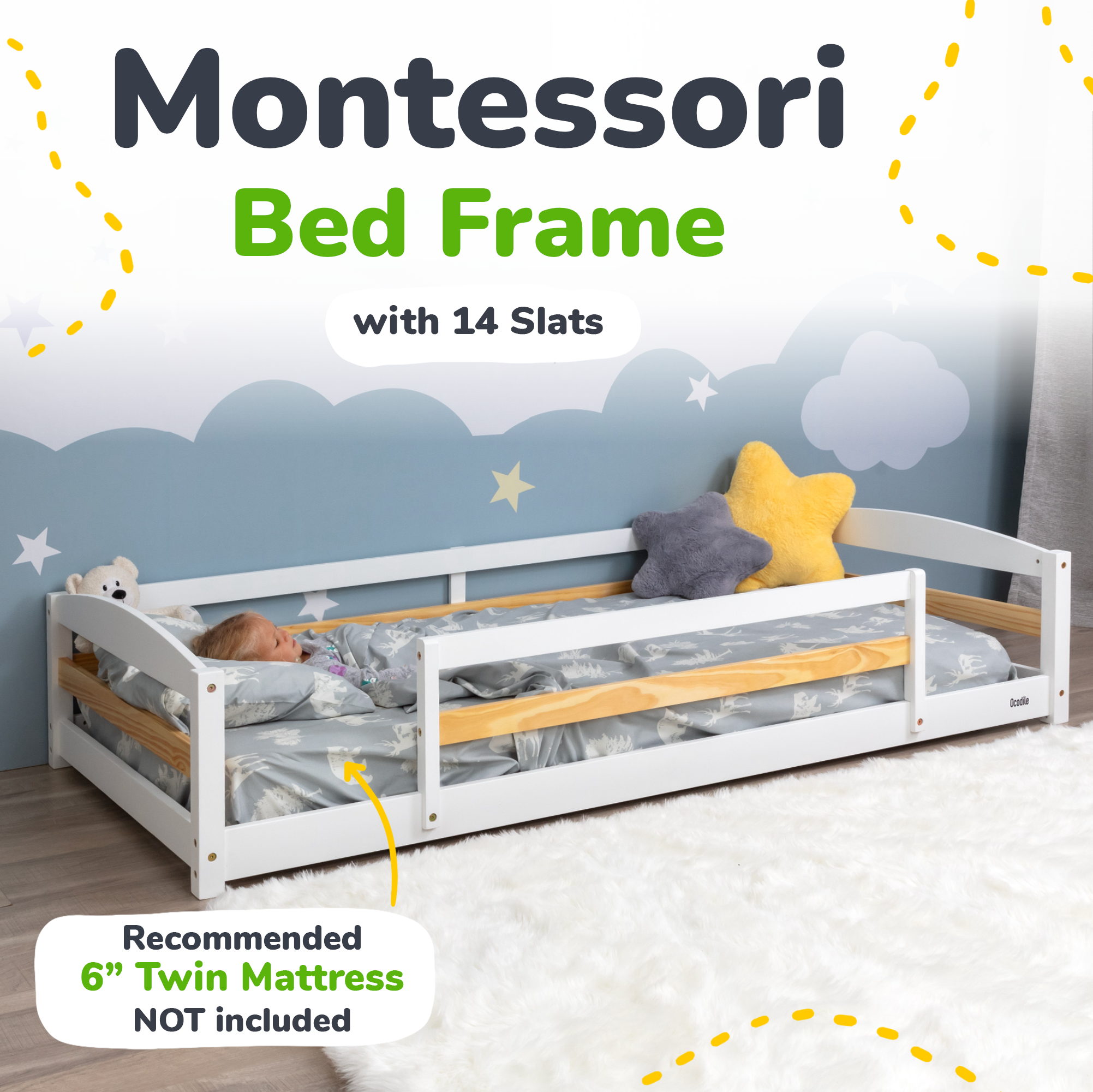 Twin Floor Bed With Safety Guardrails For Kids - Montessori Inspired