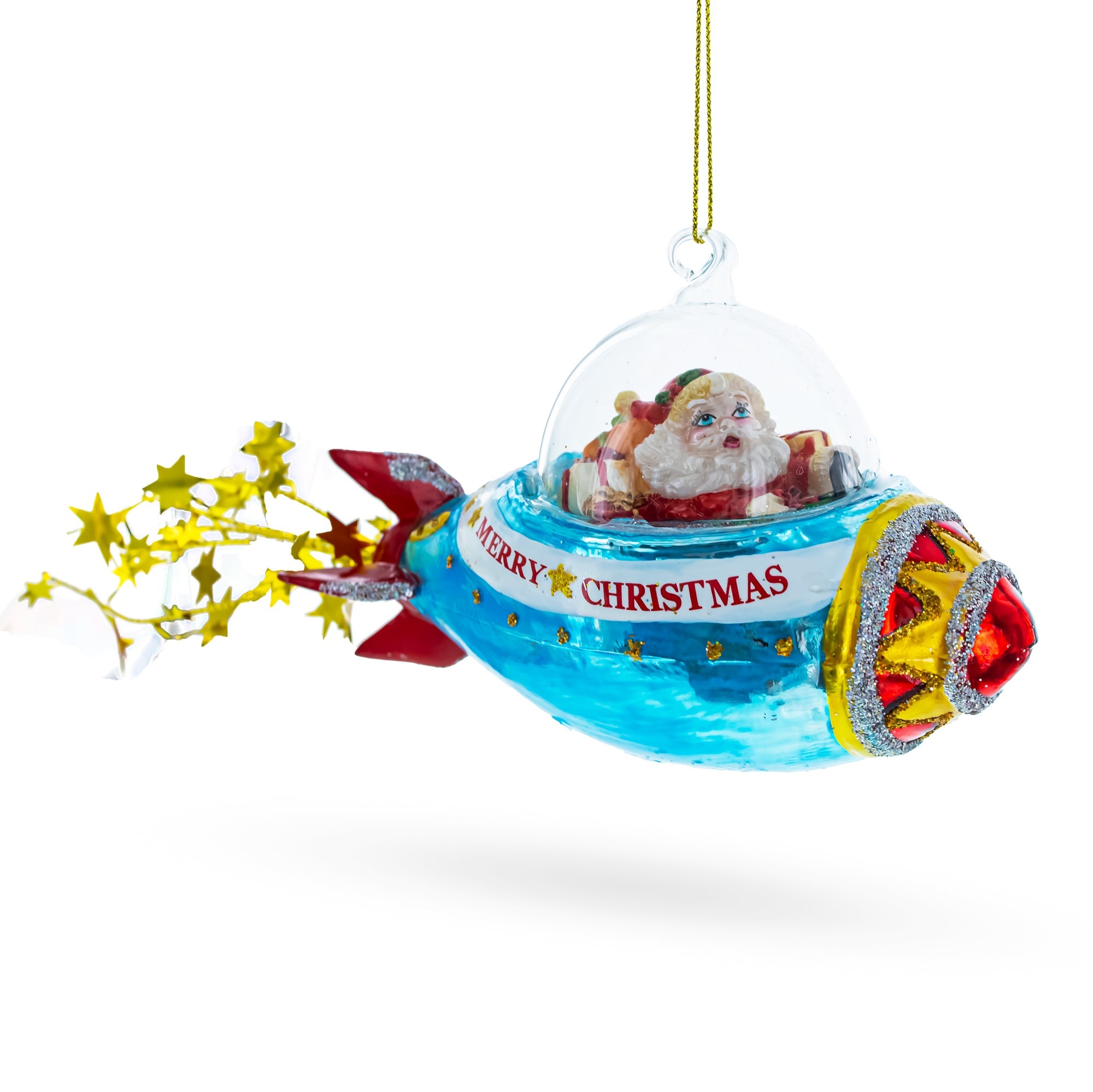 Stellar Voyage: Cosmic Santa Riding Spaceship - Blown Glass Christmas Ornament