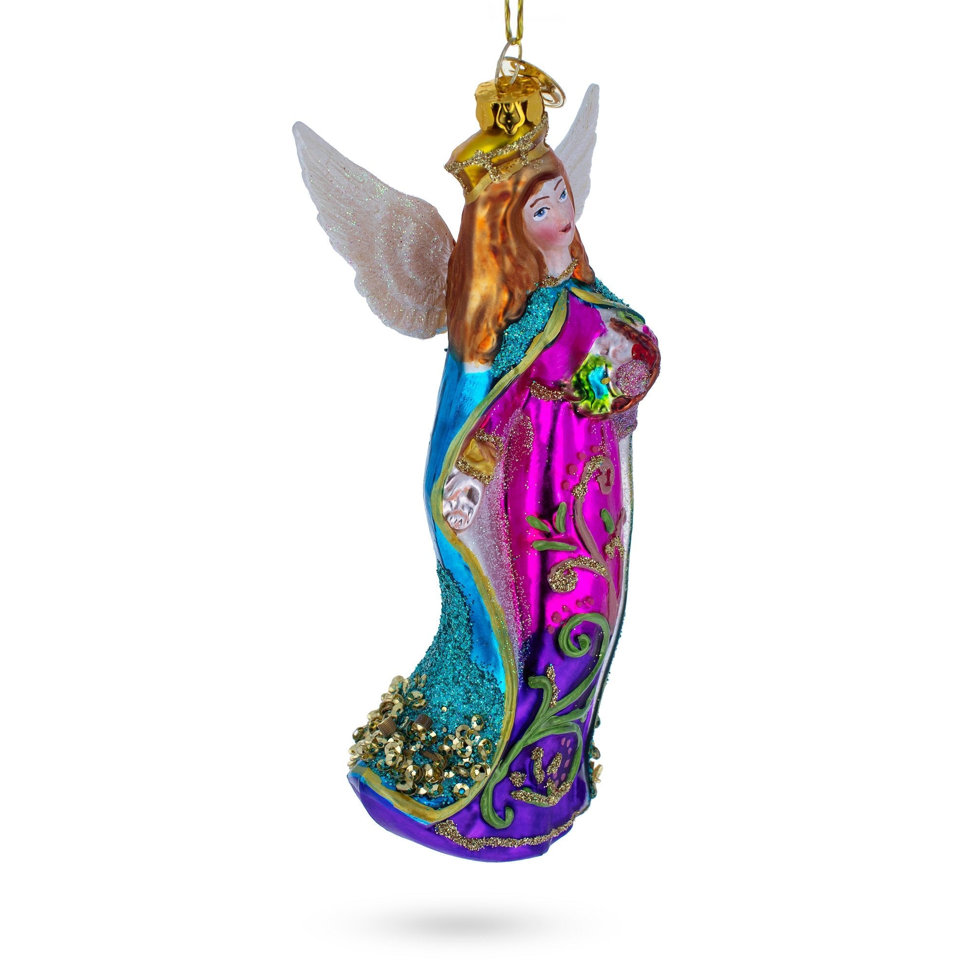 Serene Angel With Basket Of Flowers - Blown Glass Christmas Ornament