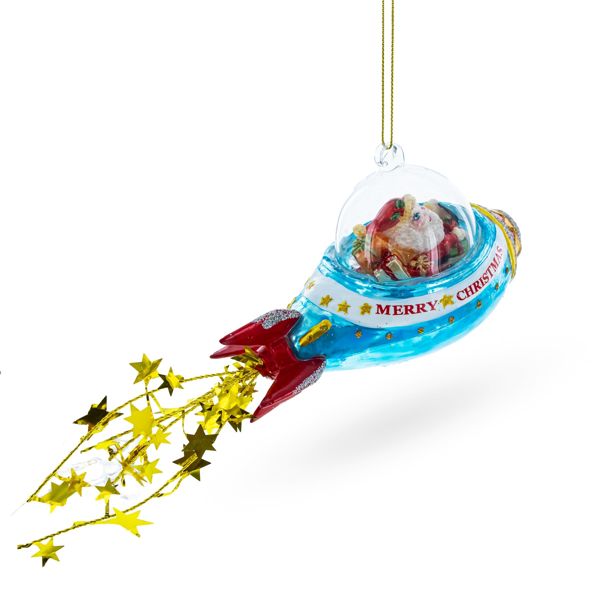 Stellar Voyage: Cosmic Santa Riding Spaceship - Blown Glass Christmas Ornament