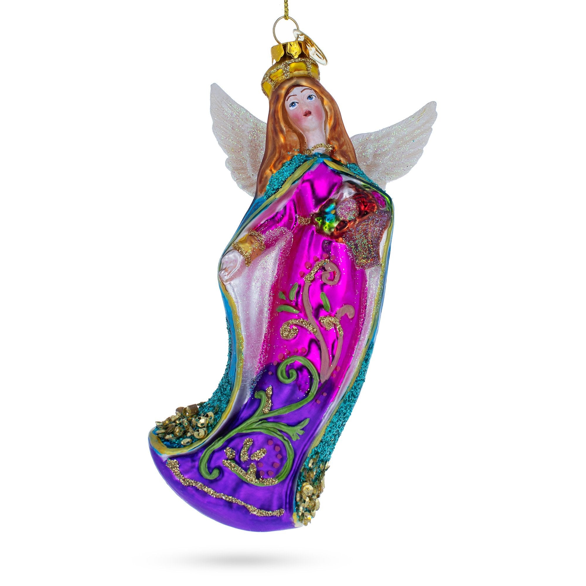 Serene Angel With Basket Of Flowers - Blown Glass Christmas Ornament