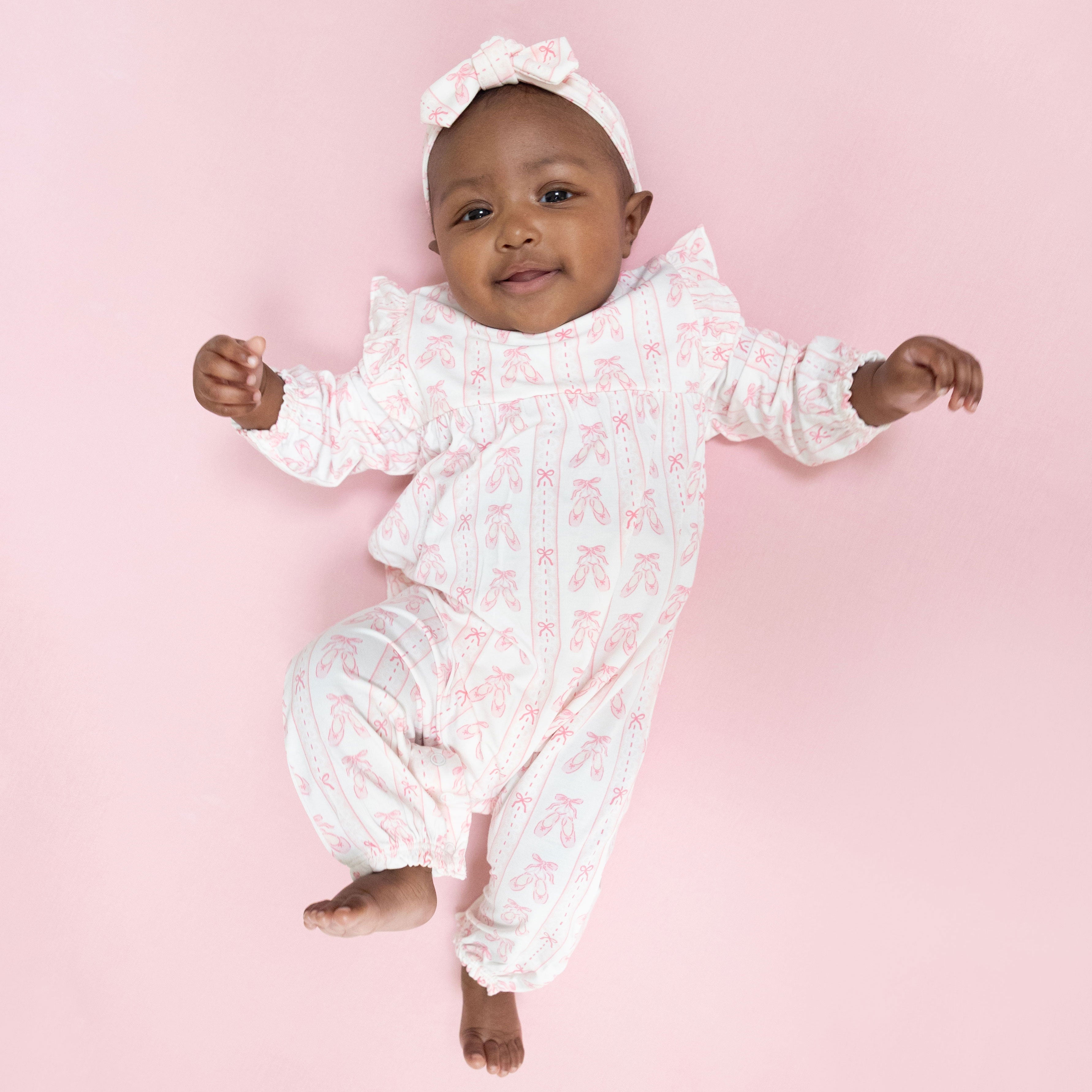 Ballet Shoes Ribbon Stripe - Ruffle Sleeve Snap Romper
