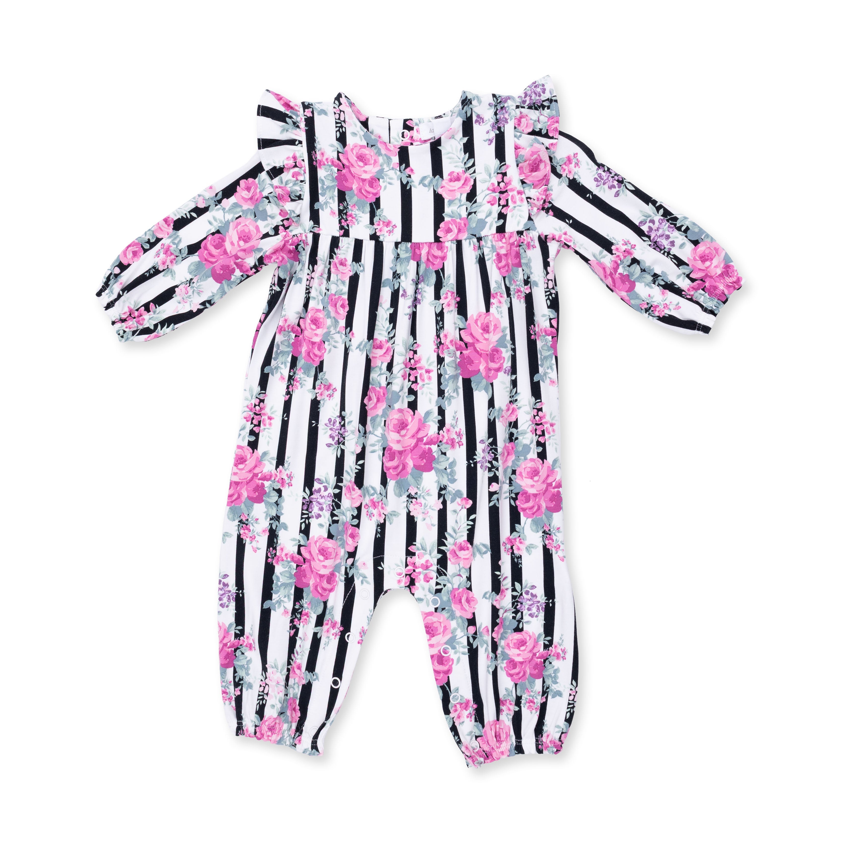 Cabbage Rose Stripe - Ruffle Sleeve Snap Romper